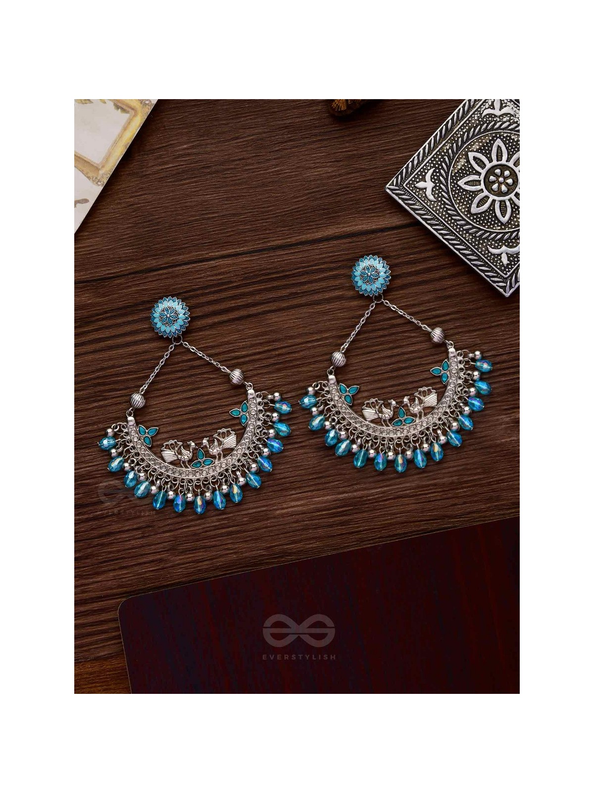 MYSTICAL PEACOCKS IN BLUE - EMBELLISHED OXIDISED EARRINGS