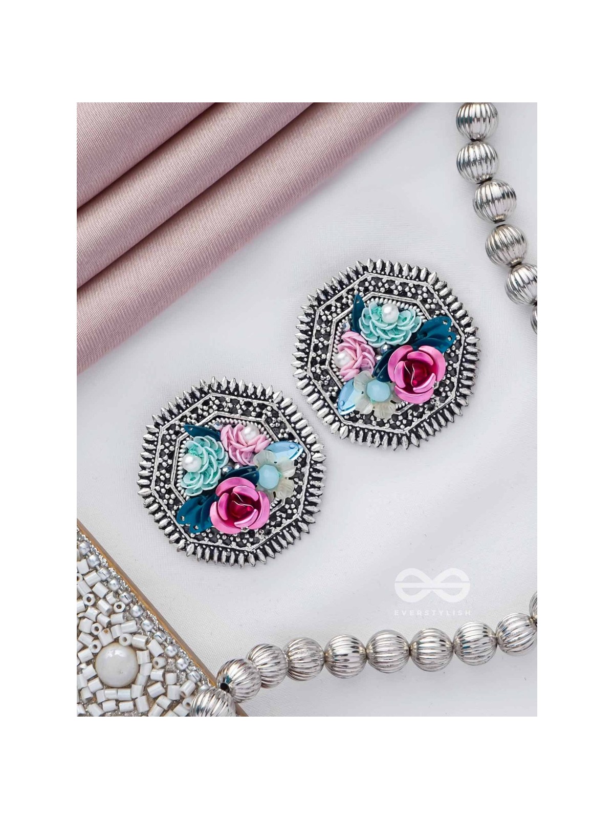 UDYANAKALA - GARDEN OF ART - SEQUINS AND PEARLS EMBROIDERED AND OXIDISED STUD EARRINGS