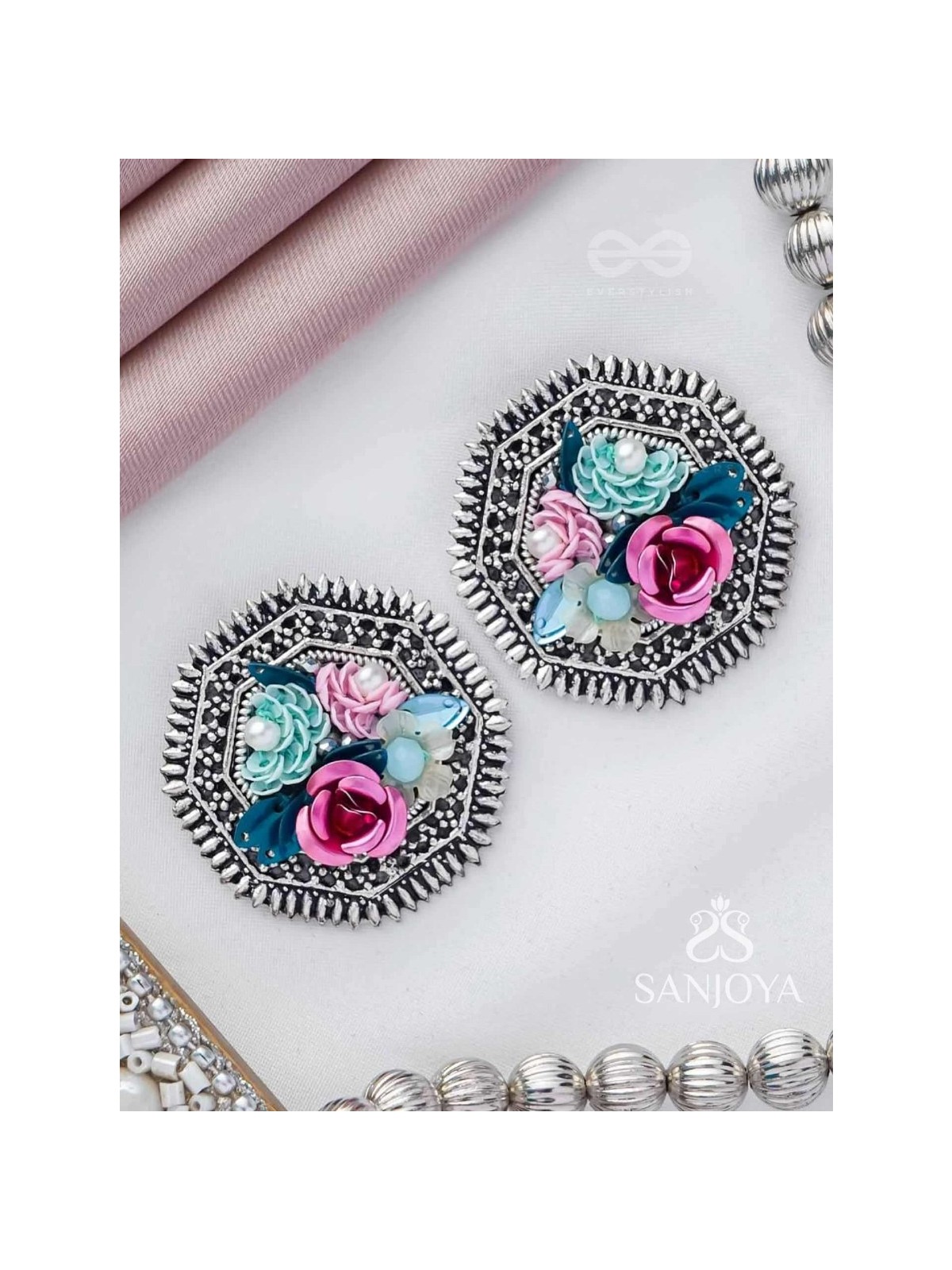 UDYANAKALA - GARDEN OF ART - SEQUINS AND PEARLS EMBROIDERED AND OXIDISED STUD EARRINGS