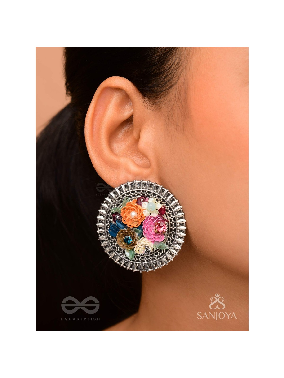 Varnin - The Spring Colors - Sequins, Beads And Stones Hand Embroidered Oxidised Earrings