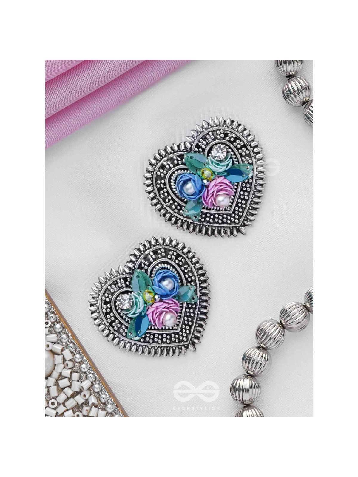 KUSUMAVARTA - THE HEART OF FLOWERS - SEQUINS, BEADS AND PEARLS EMBROIDERED AND OXIDISED STUD EARRINGS