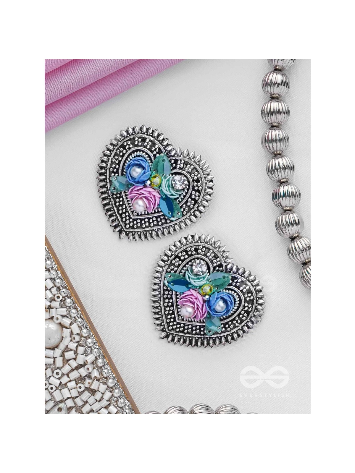 KUSUMAVARTA - THE HEART OF FLOWERS - SEQUINS, BEADS AND PEARLS EMBROIDERED AND OXIDISED STUD EARRINGS