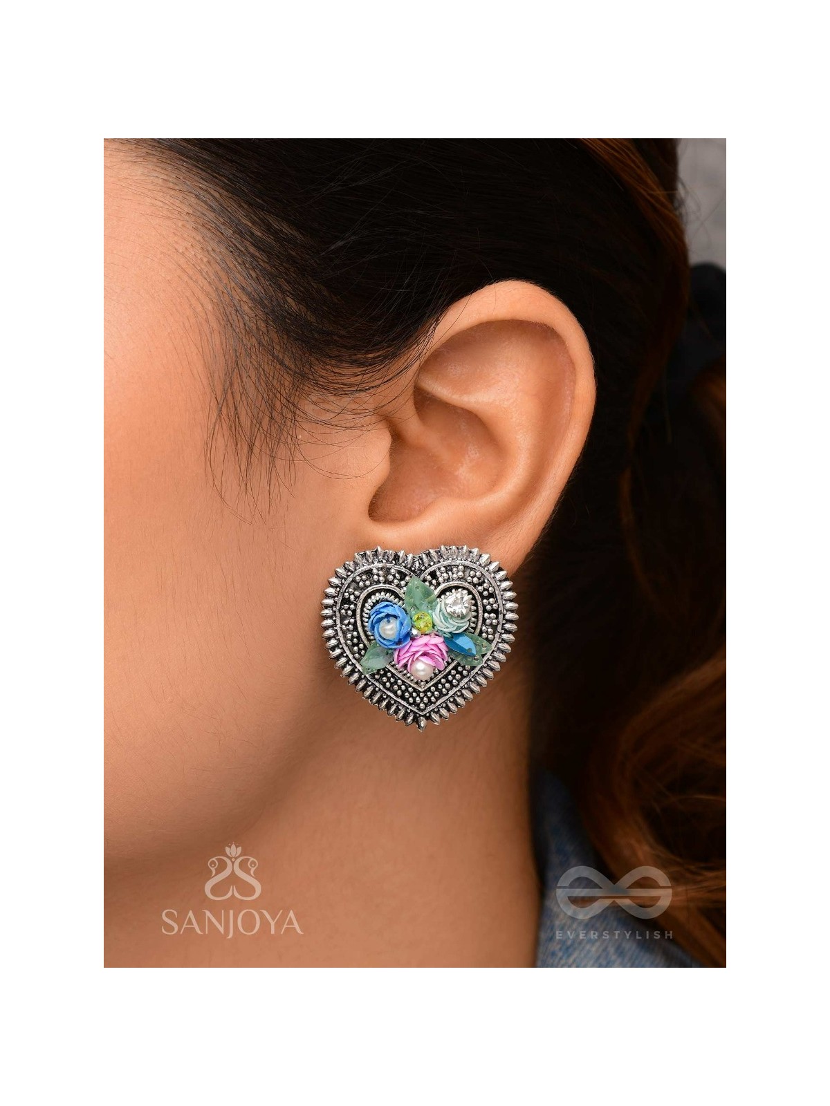 KUSUMAVARTA - THE HEART OF FLOWERS - SEQUINS, BEADS AND PEARLS EMBROIDERED AND OXIDISED STUD EARRINGS