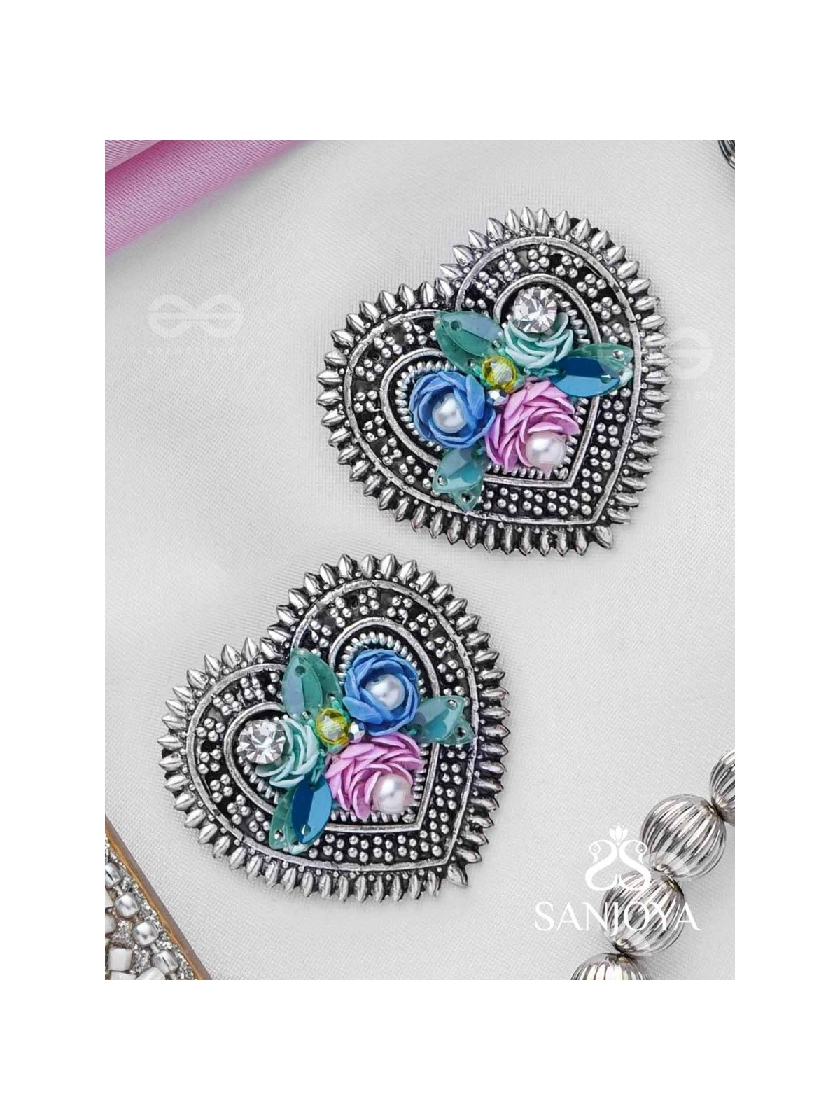 KUSUMAVARTA - THE HEART OF FLOWERS - SEQUINS, BEADS AND PEARLS EMBROIDERED AND OXIDISED STUD EARRINGS
