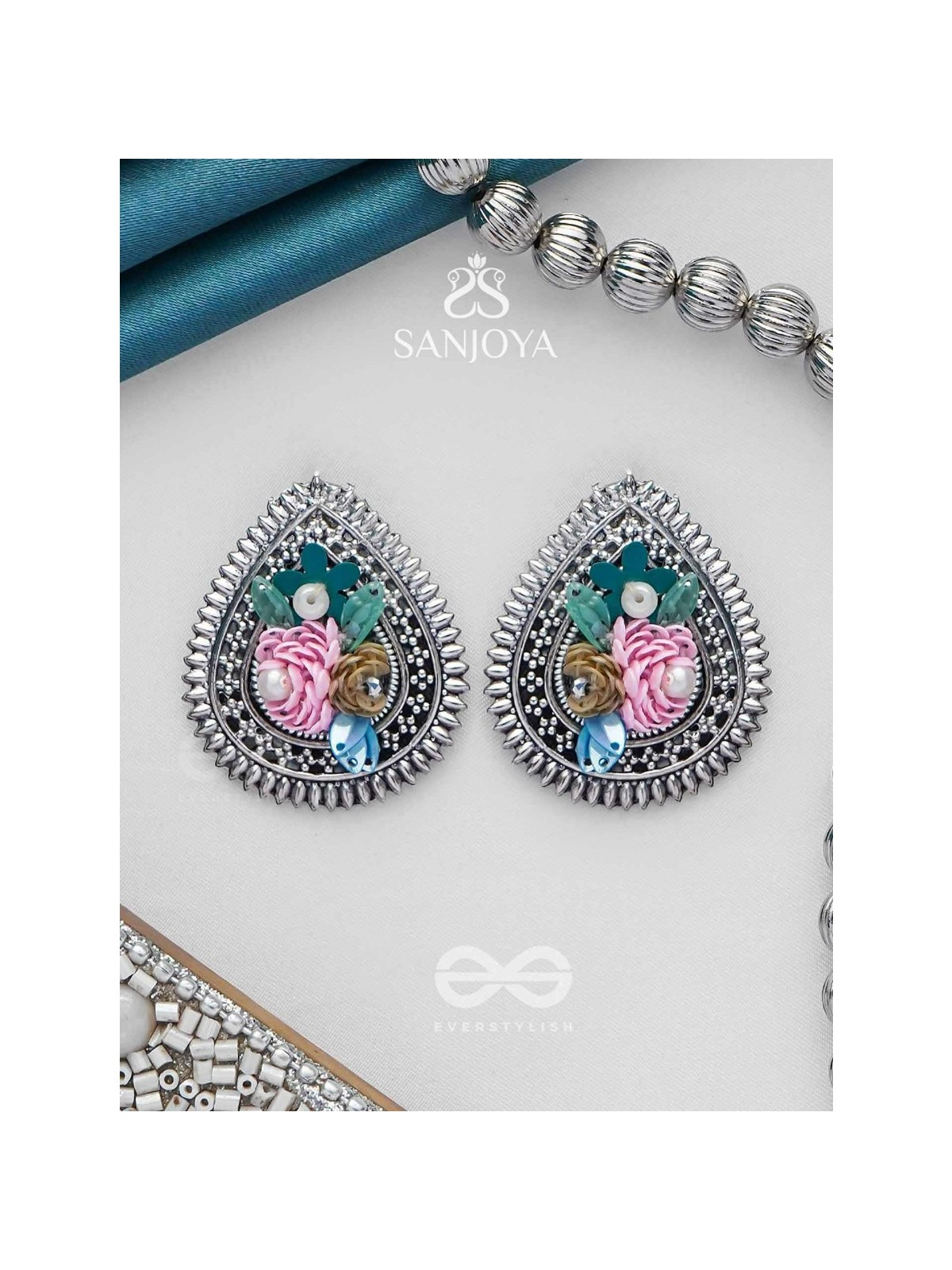 RIMBA- THE FLOWER DROP - SEQUINS AND PEARLS EMBROIDERED AND OXIDISED EARRINGS