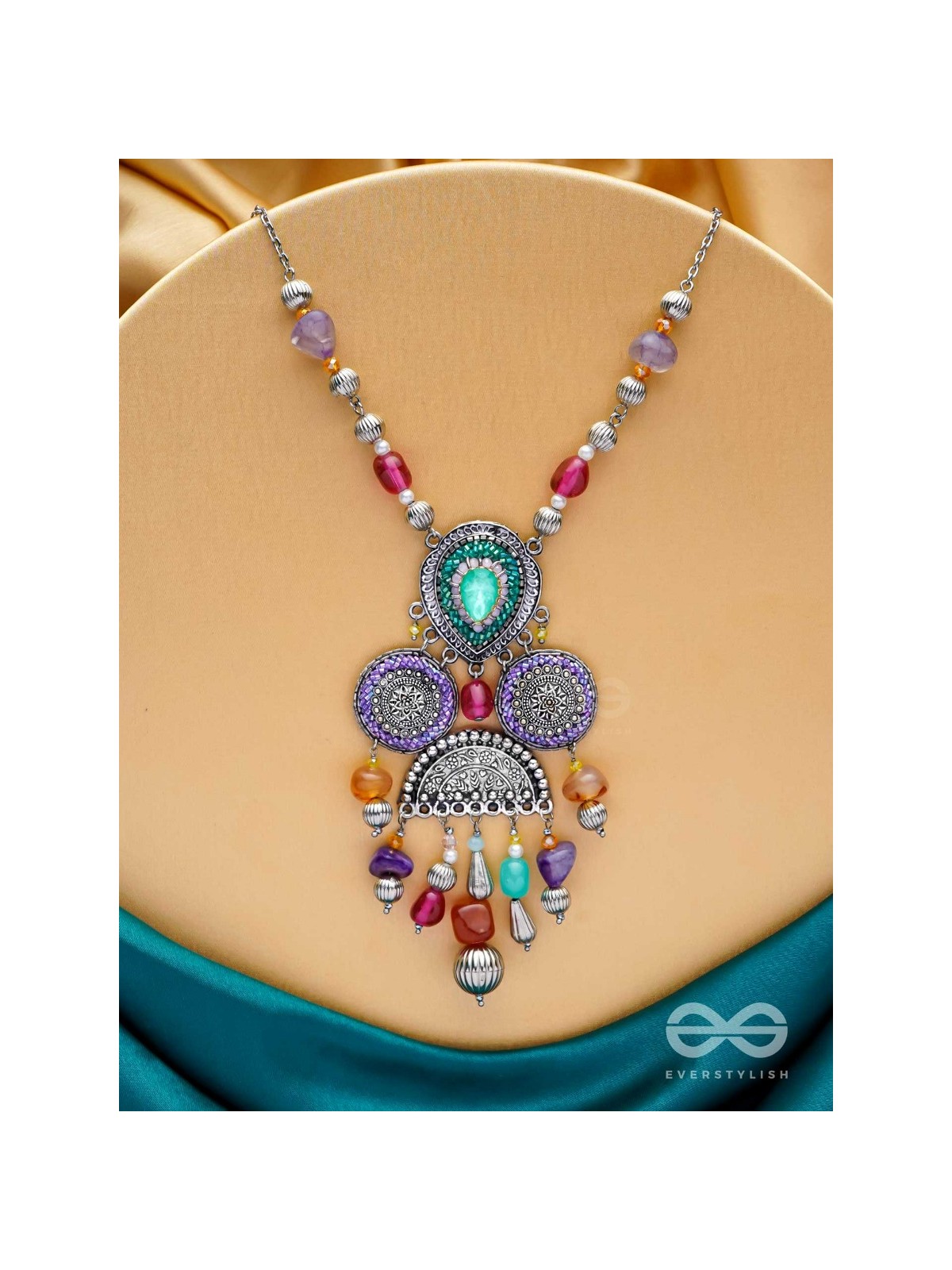 CHITRAVARNA - THE COLORFUL CHARMS - STONE AND GLASS DROPS EMBROIDERED AND OXIDISED NECKPIECE (MULTICOLOR)