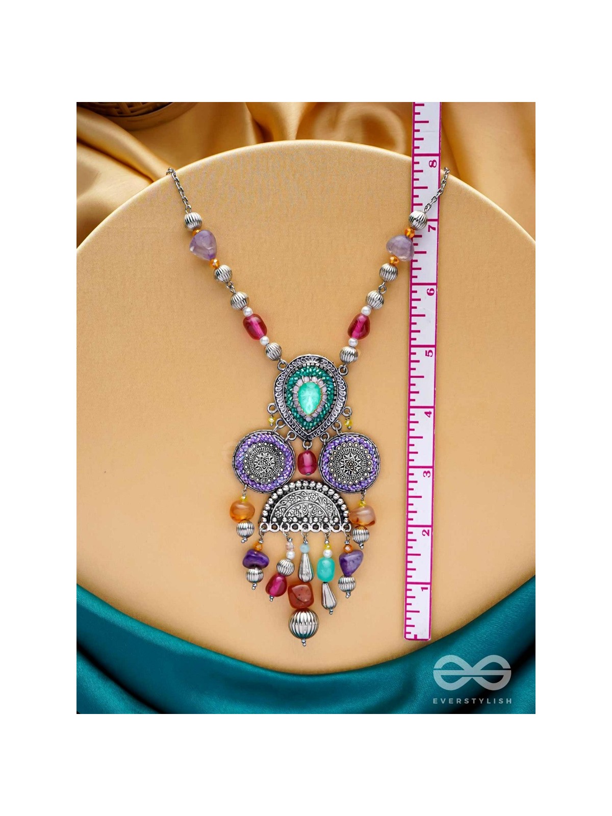 CHITRAVARNA - THE COLORFUL CHARMS - STONE AND GLASS DROPS EMBROIDERED AND OXIDISED NECKPIECE (MULTICOLOR)