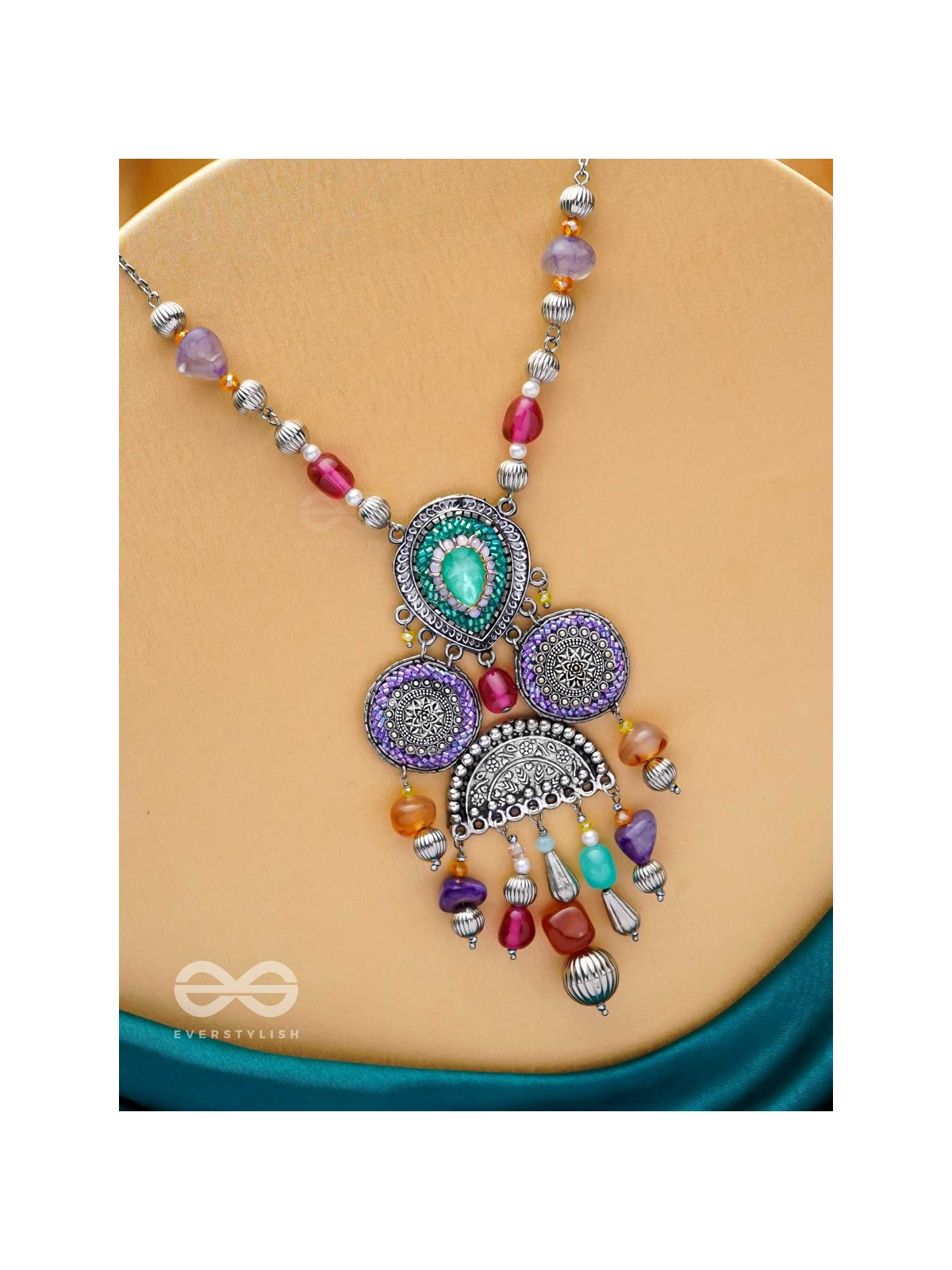 CHITRAVARNA - THE COLORFUL CHARMS - STONE AND GLASS DROPS EMBROIDERED AND OXIDISED NECKPIECE (MULTICOLOR)