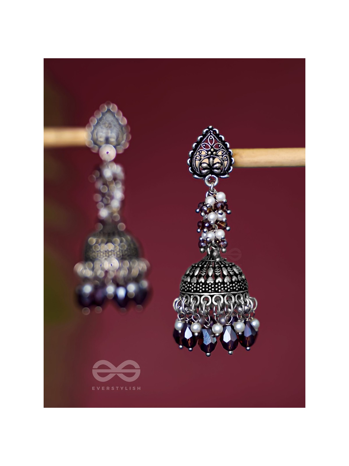 THE TINSEL SWIRLS - BEADED OXIDISED JHUMKA EARRINGS (BROWN)