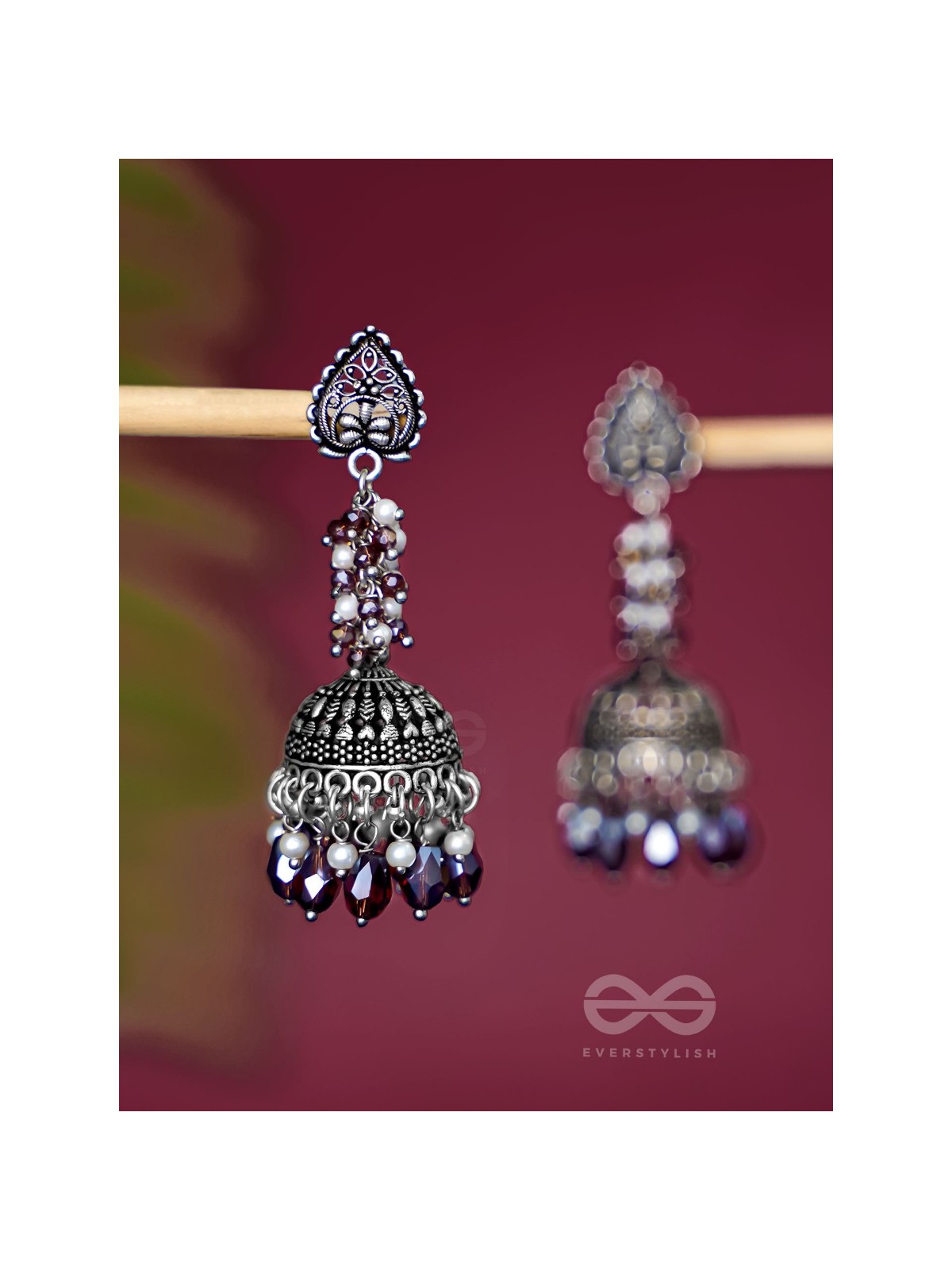 THE TINSEL SWIRLS - BEADED OXIDISED JHUMKA EARRINGS (BROWN)