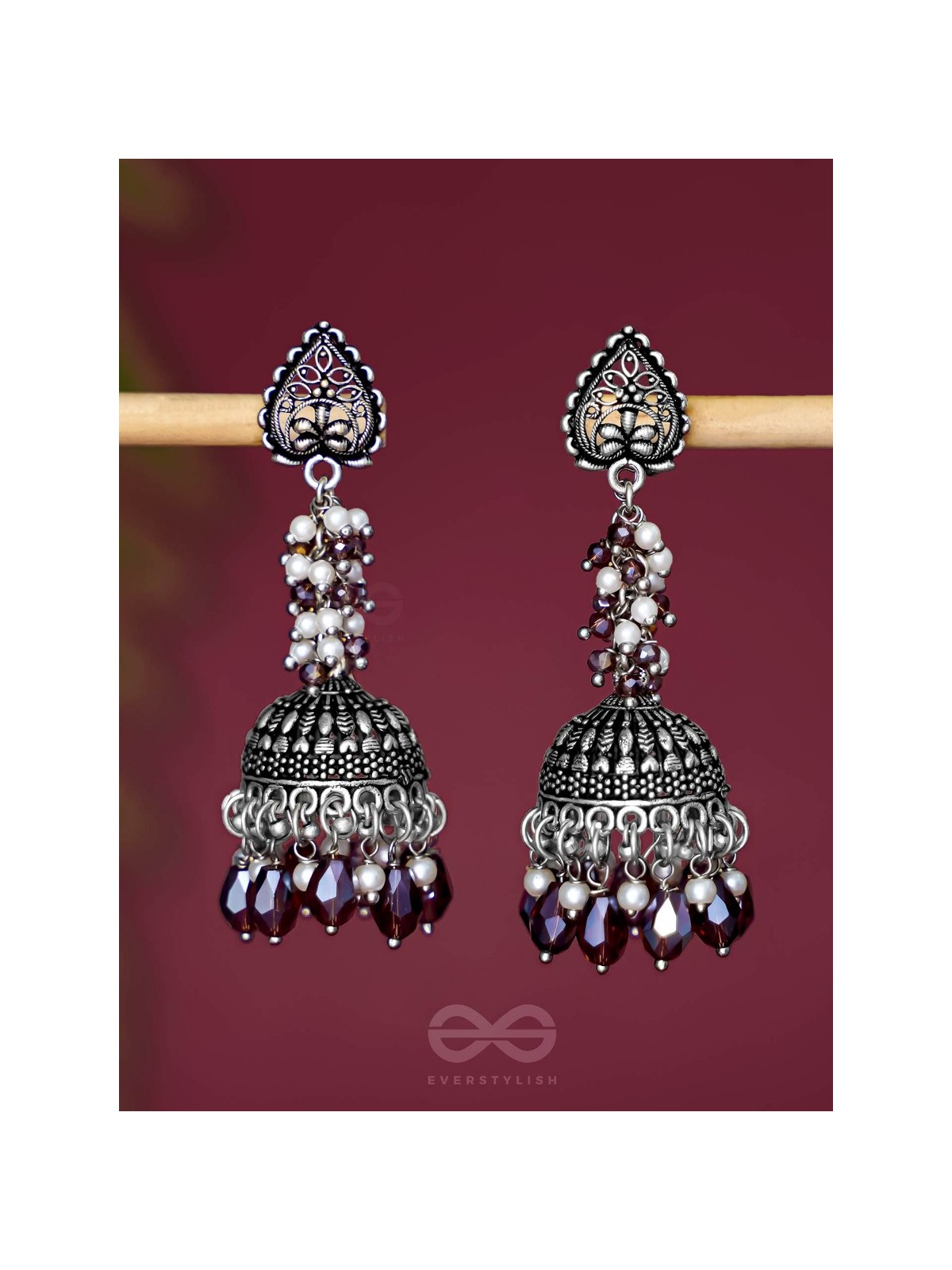 THE TINSEL SWIRLS - BEADED OXIDISED JHUMKA EARRINGS (BROWN)