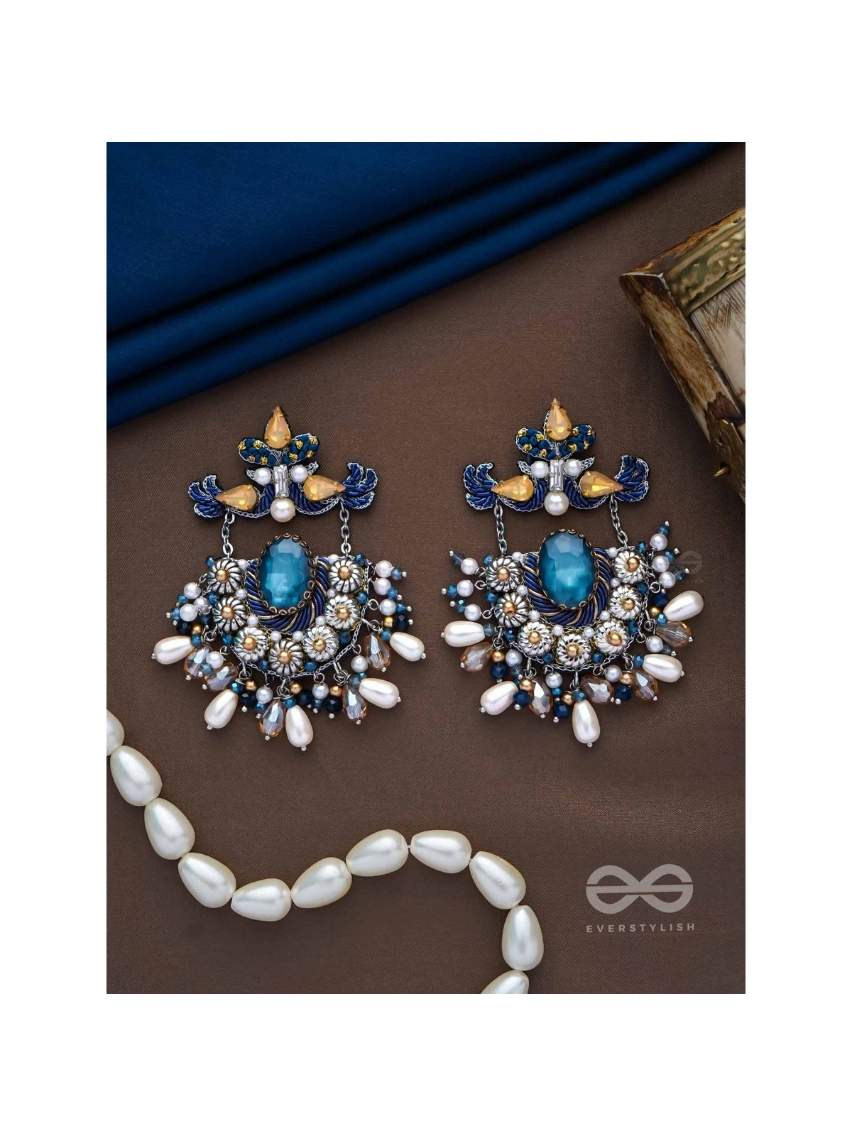 RAJATCHANDALI - THE MOON'S GLAMOUR - STONE, PEARL DROPS AND BEADS EMBROIDERED EARRINGS 