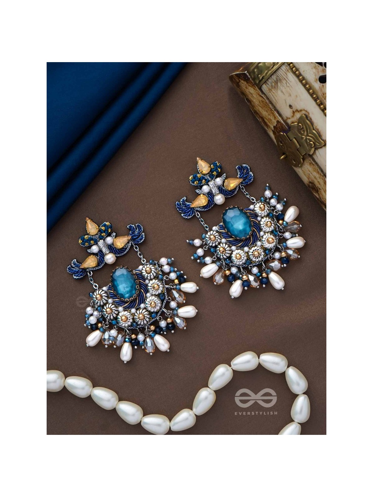 RAJATCHANDALI - THE MOON'S GLAMOUR - STONE, PEARL DROPS AND BEADS EMBROIDERED EARRINGS 