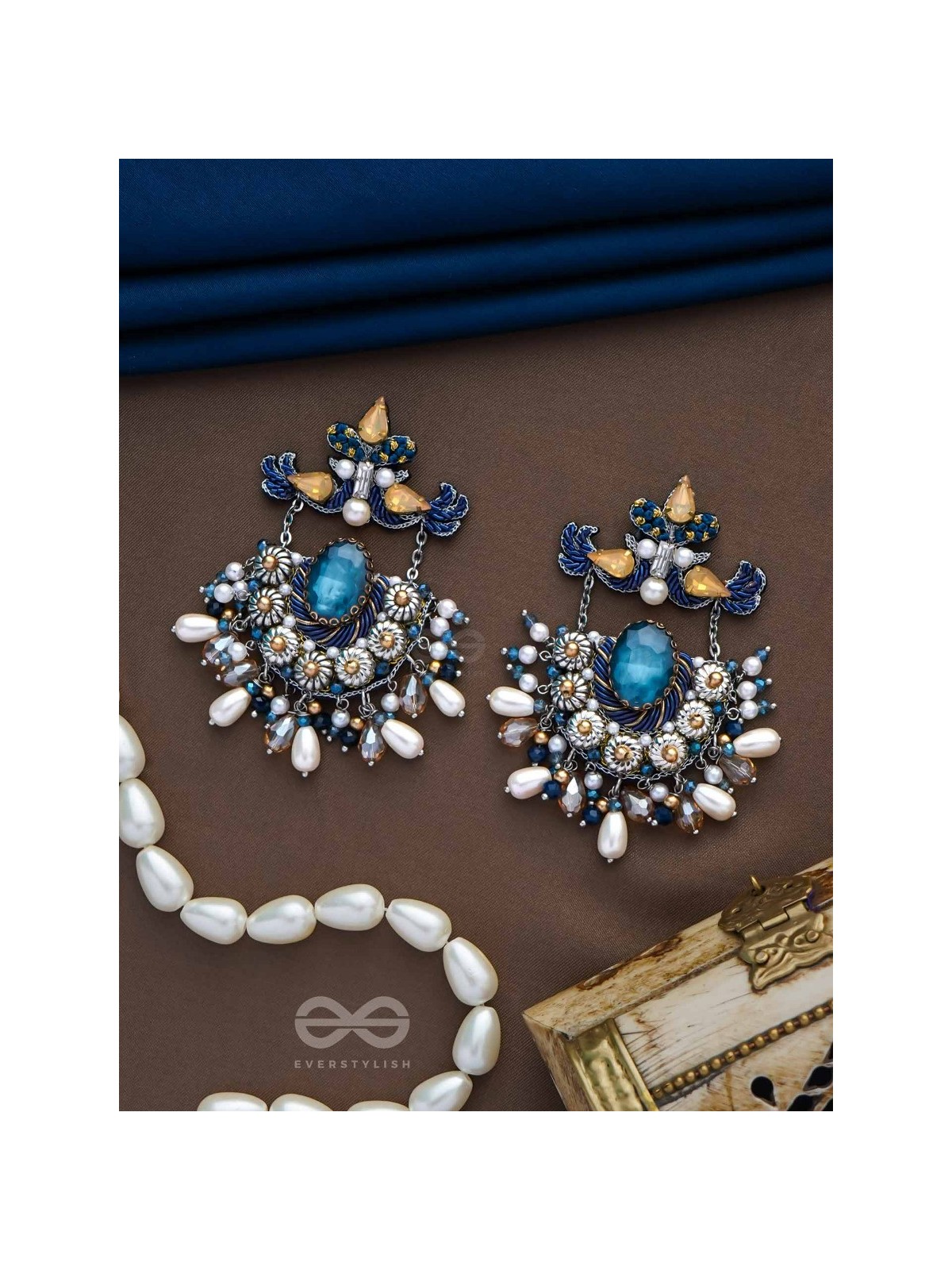 RAJATCHANDALI - THE MOON'S GLAMOUR - STONE, PEARL DROPS AND BEADS EMBROIDERED EARRINGS 