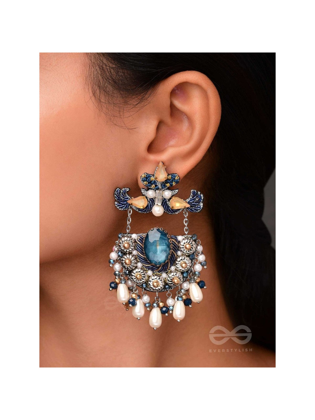 RAJATCHANDALI - THE MOON'S GLAMOUR - STONE, PEARL DROPS AND BEADS EMBROIDERED EARRINGS 