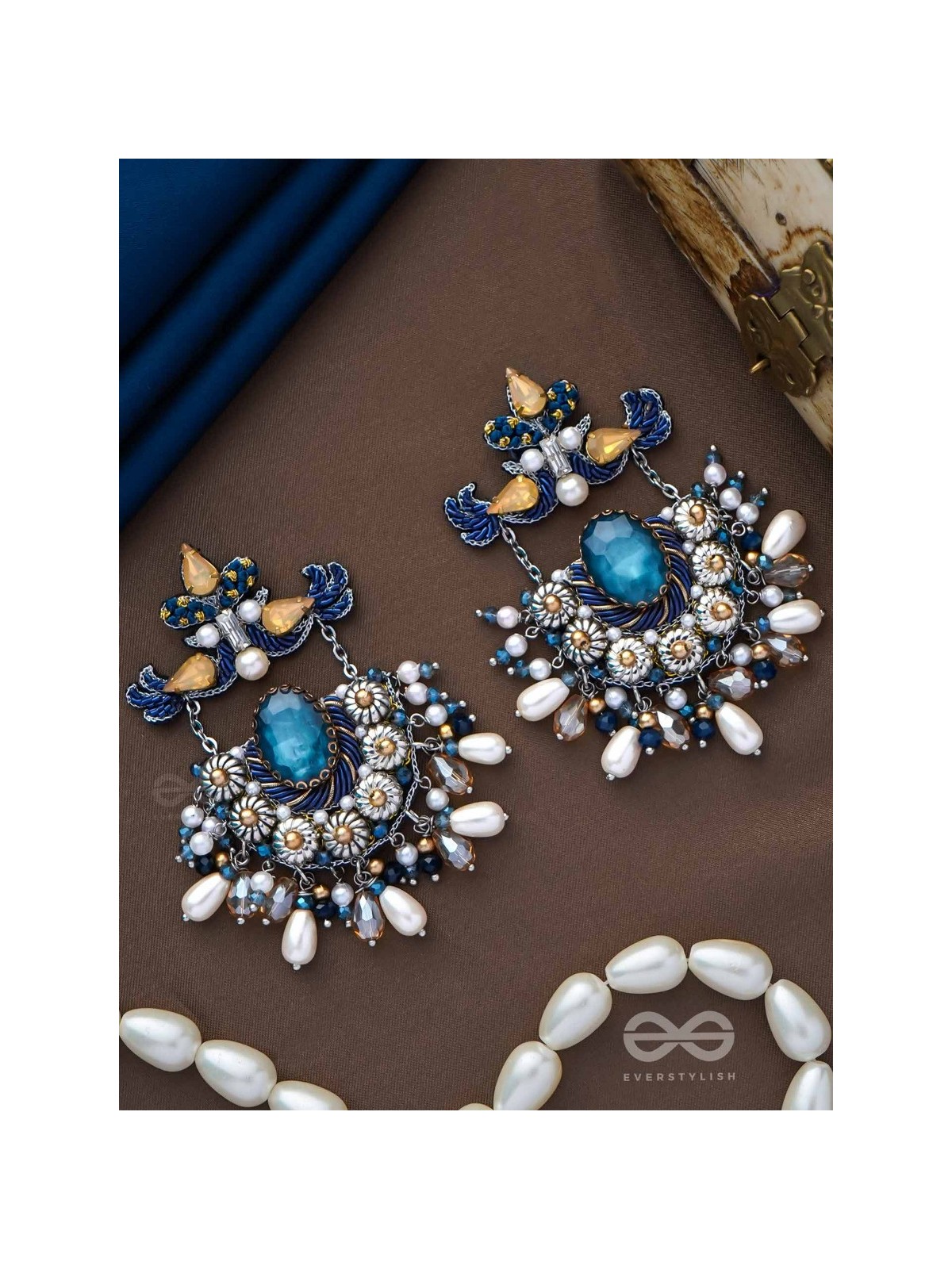 RAJATCHANDALI - THE MOON'S GLAMOUR - STONE, PEARL DROPS AND BEADS EMBROIDERED EARRINGS 