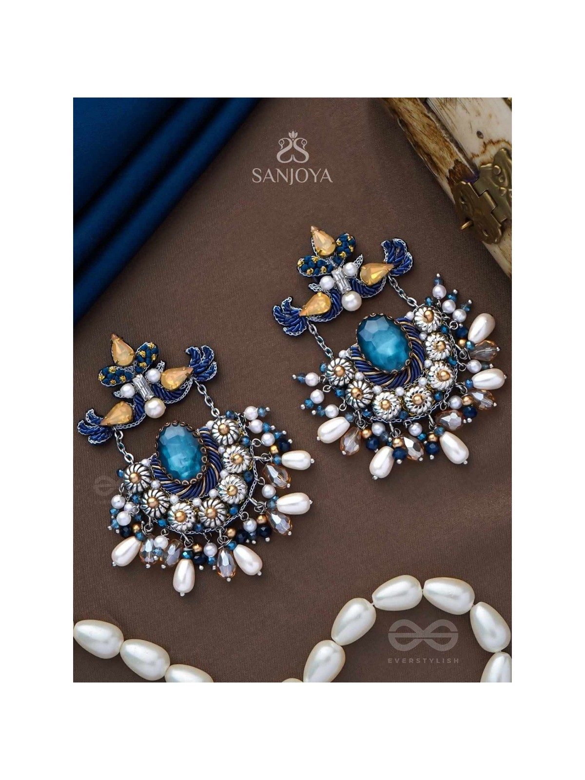 RAJATCHANDALI - THE MOON'S GLAMOUR - STONE, PEARL DROPS AND BEADS EMBROIDERED EARRINGS 