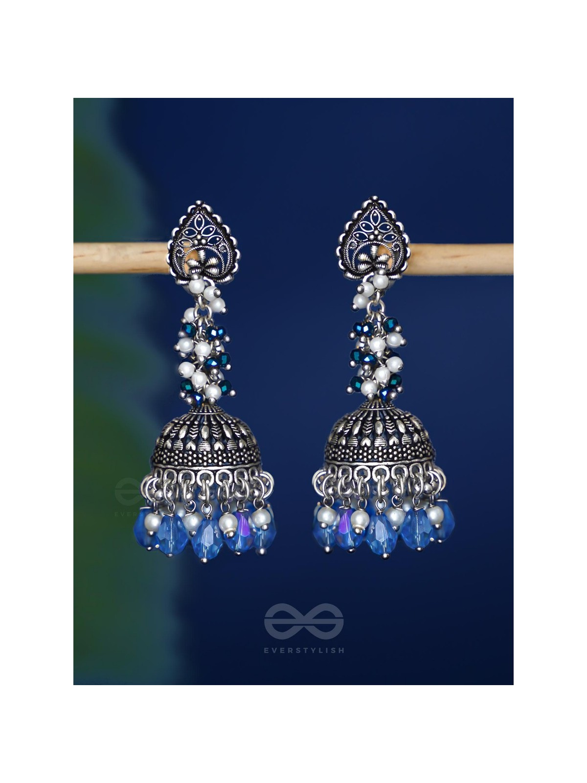 The Tinsel Swirls - Beaded Oxidised Jhumka Earrings (Blue)