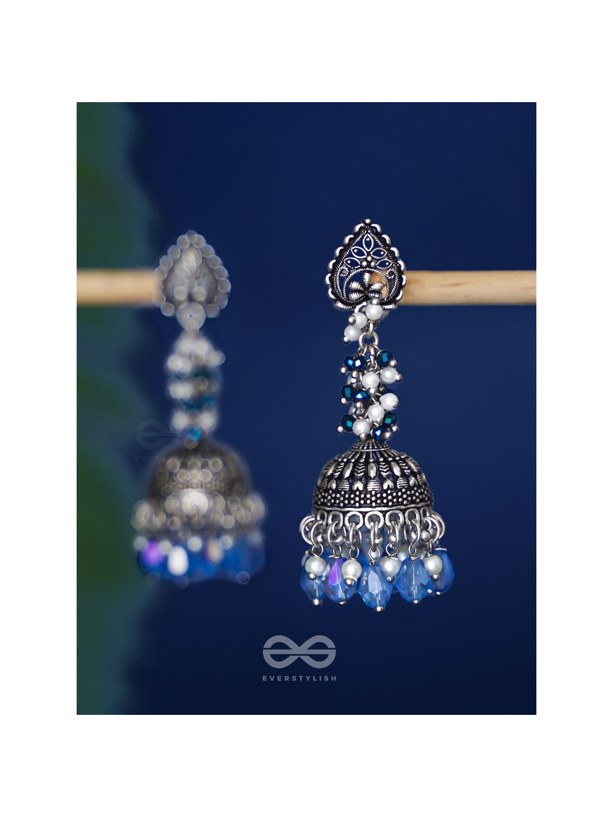 The Tinsel Swirls - Beaded Oxidised Jhumka Earrings (Blue)