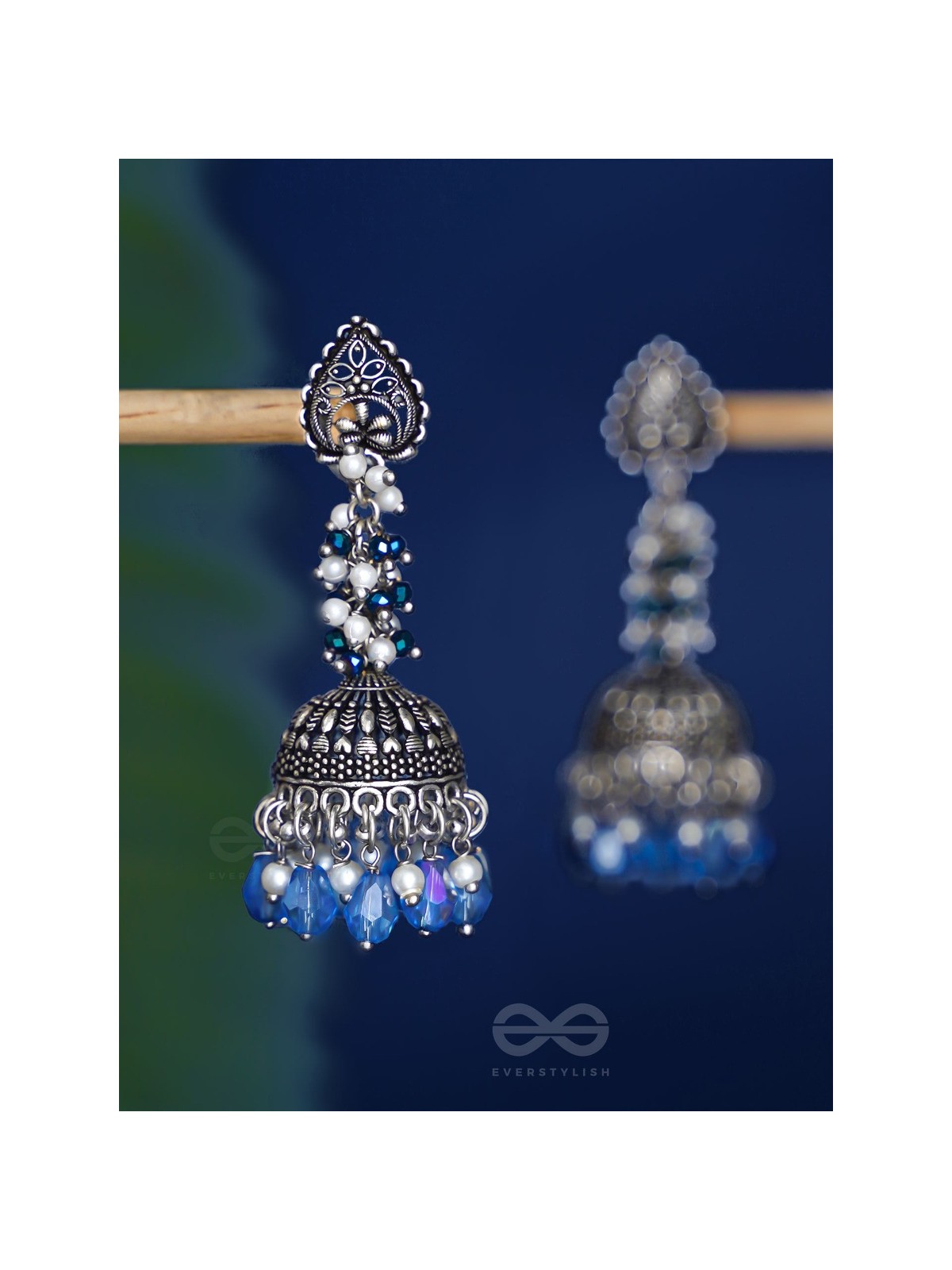 The Tinsel Swirls - Beaded Oxidised Jhumka Earrings (Blue)