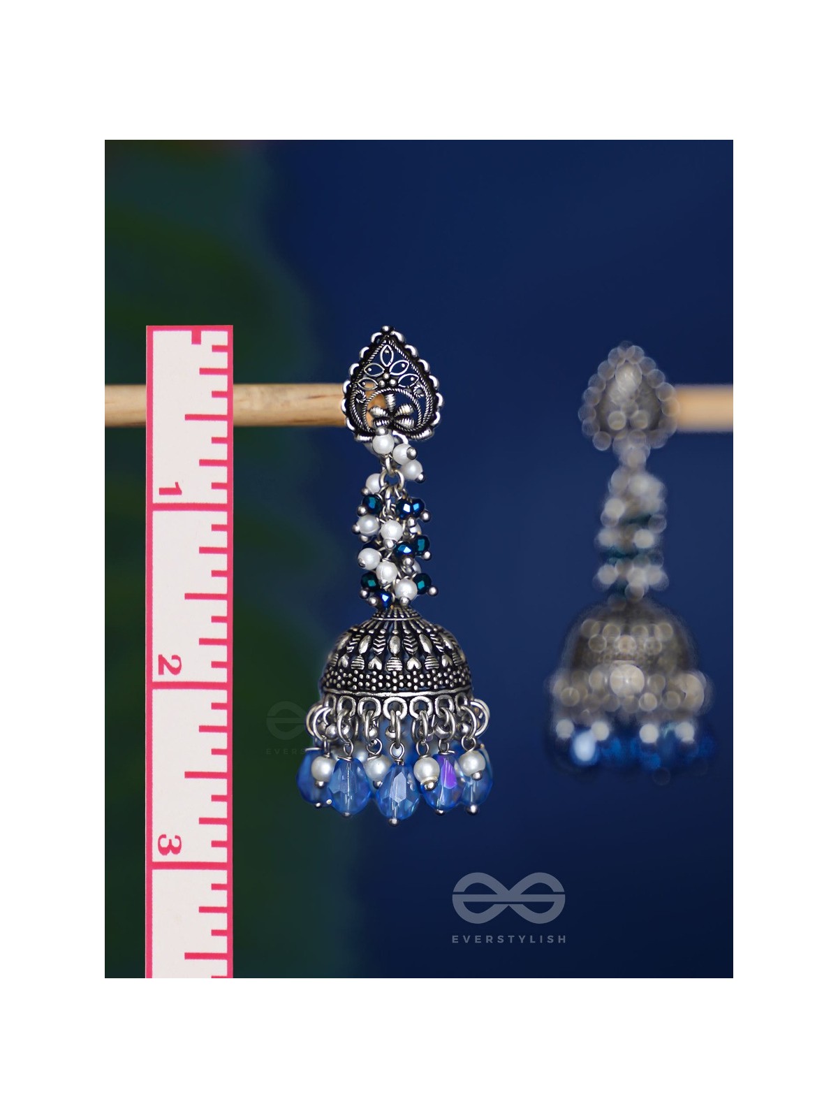 The Tinsel Swirls - Beaded Oxidised Jhumka Earrings (Blue)
