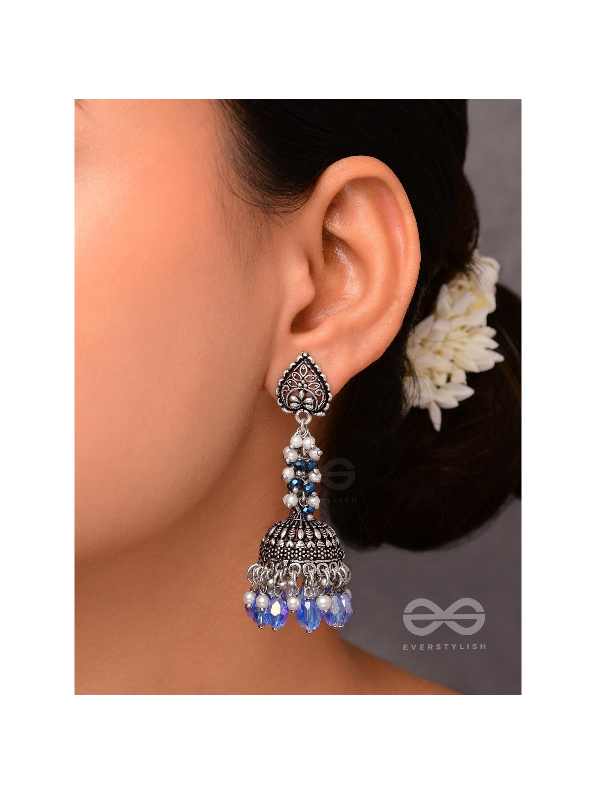 The Tinsel Swirls - Beaded Oxidised Jhumka Earrings (Blue)