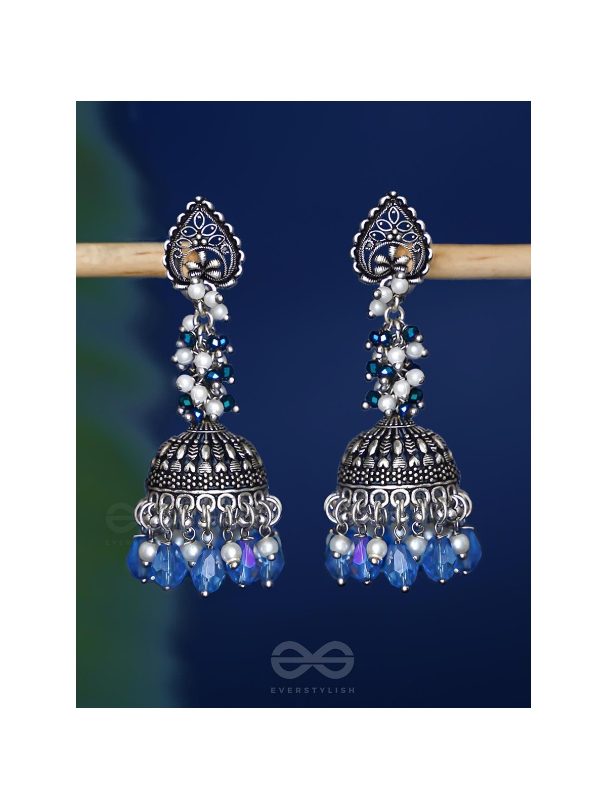 The Tinsel Swirls - Beaded Oxidised Jhumka Earrings (Blue)