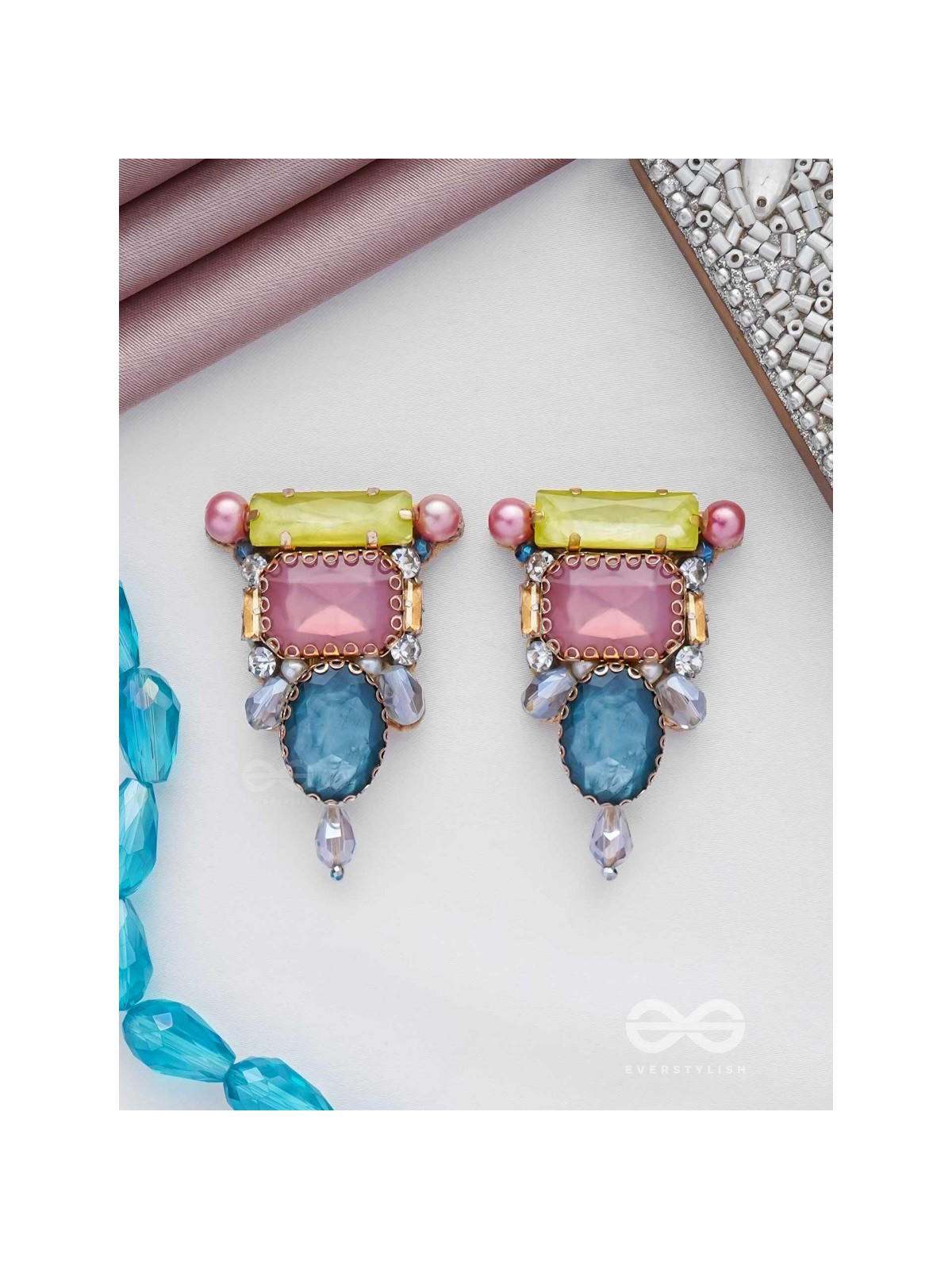 SHRITA - ADORNED WITH STONES - STONE, PEARLS AND GLASS DROP EMBROIDERED EARRINGS