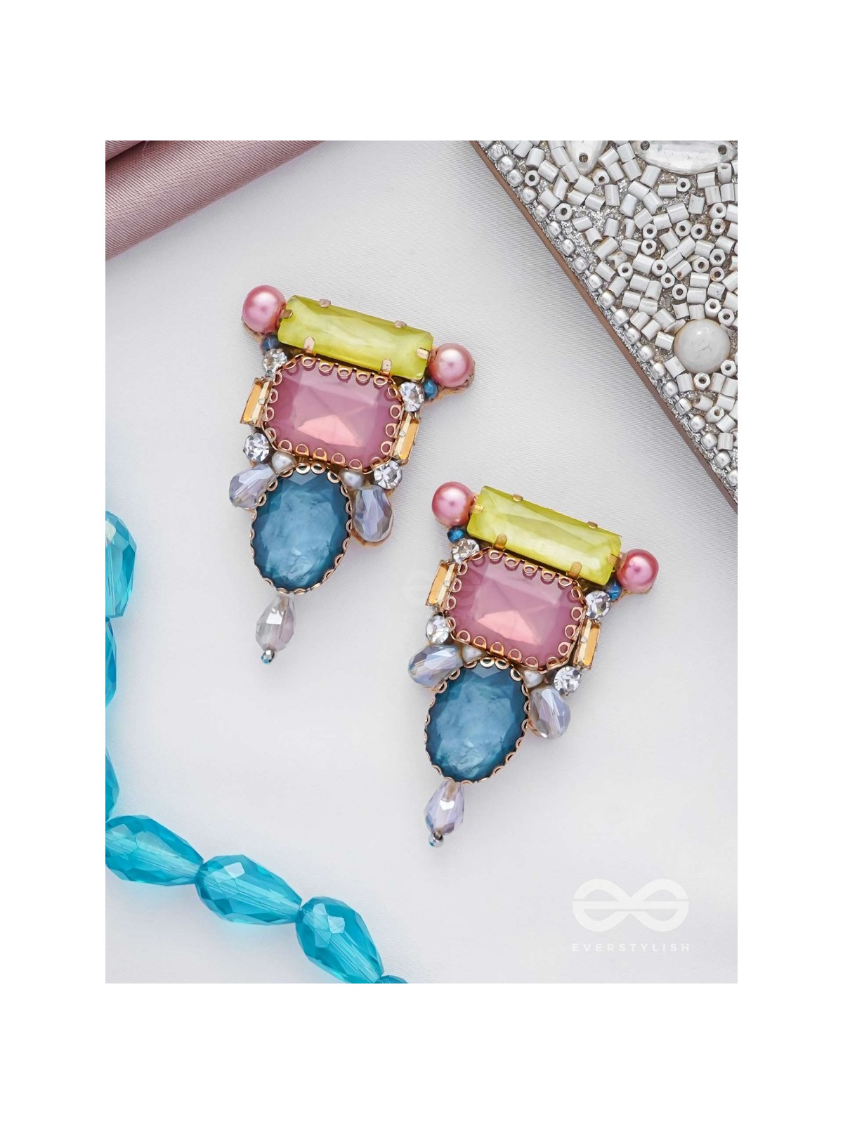 SHRITA - ADORNED WITH STONES - STONE, PEARLS AND GLASS DROP EMBROIDERED EARRINGS