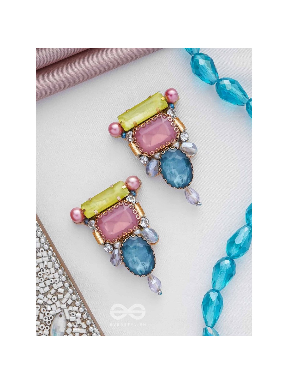 SHRITA - ADORNED WITH STONES - STONE, PEARLS AND GLASS DROP EMBROIDERED EARRINGS