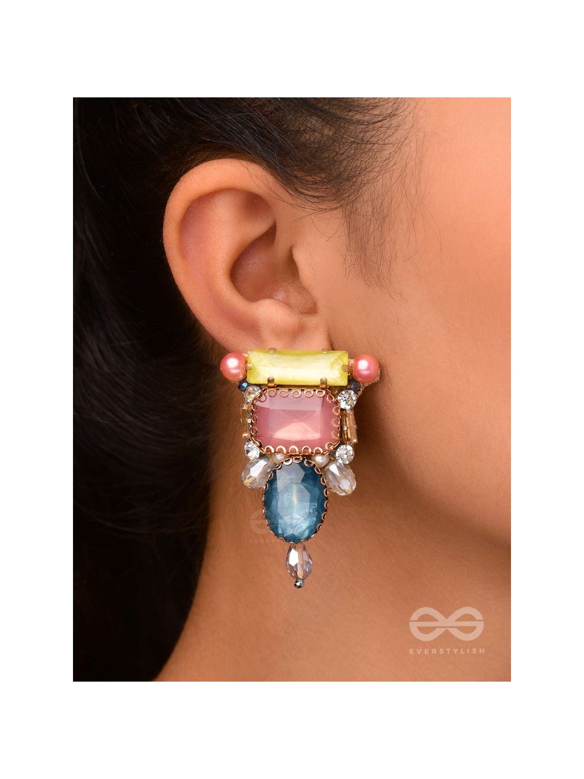 SHRITA - ADORNED WITH STONES - STONE, PEARLS AND GLASS DROP EMBROIDERED EARRINGS