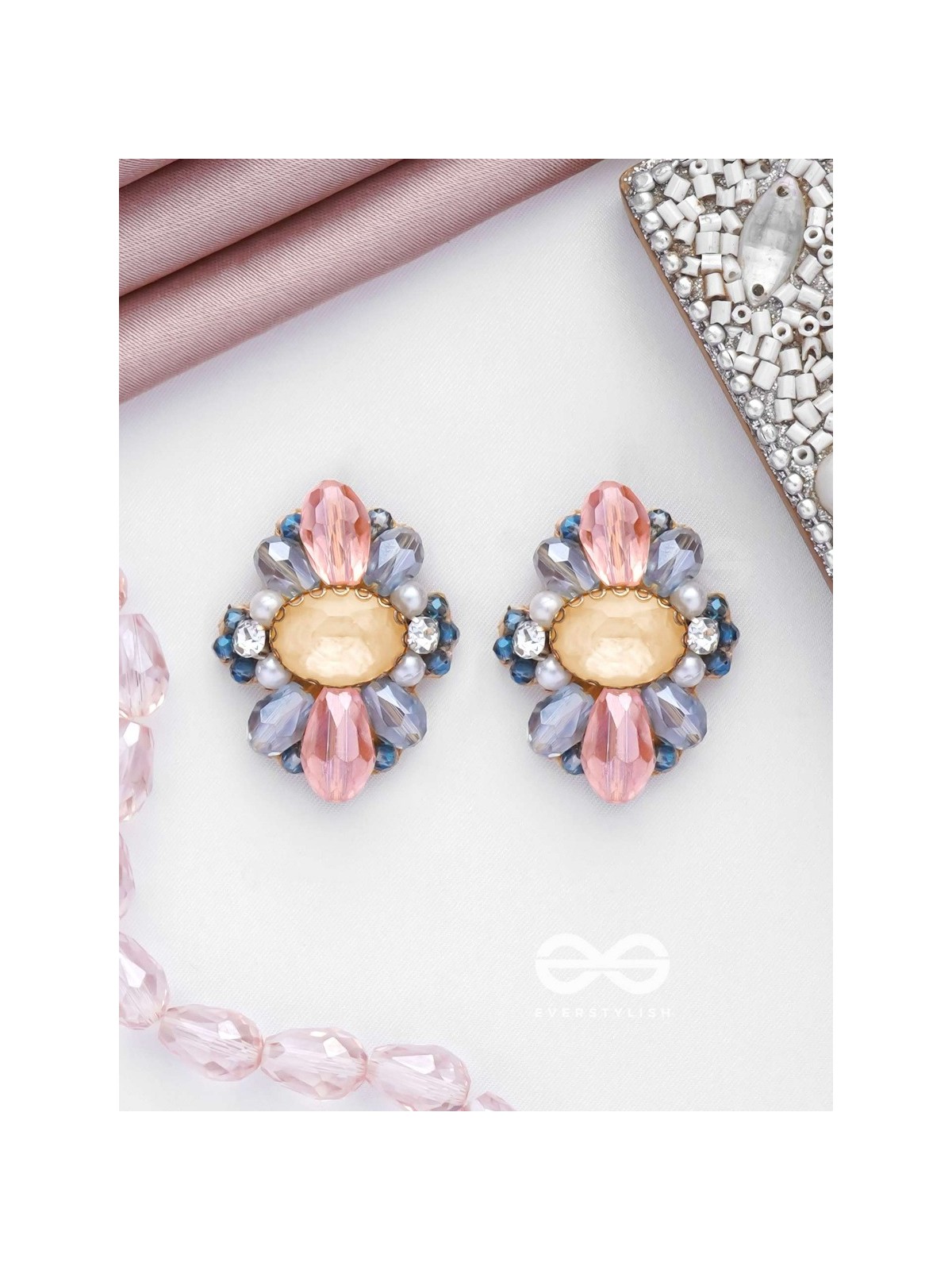 VISHESHAVALI - THE EXQUISITE PICK -STONE, PEARLS AND BEADS EMBROIDERED STUD EARRINGS