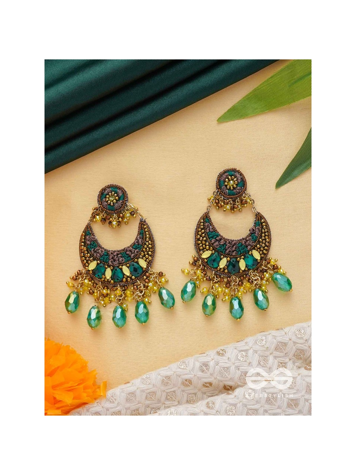 Sajivika - The Lively Dreamdrops - Beads And Glass Drops Hand Embroidered Earrings (Green & Golden)