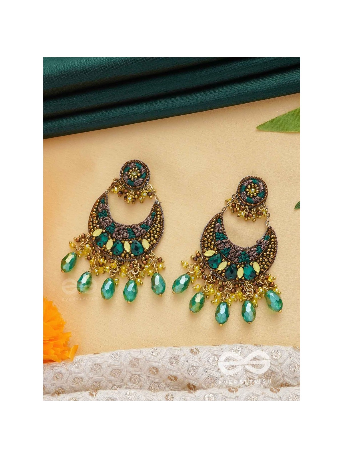 Sajivika - The Lively Dreamdrops - Beads And Glass Drops Hand Embroidered Earrings (Green & Golden)