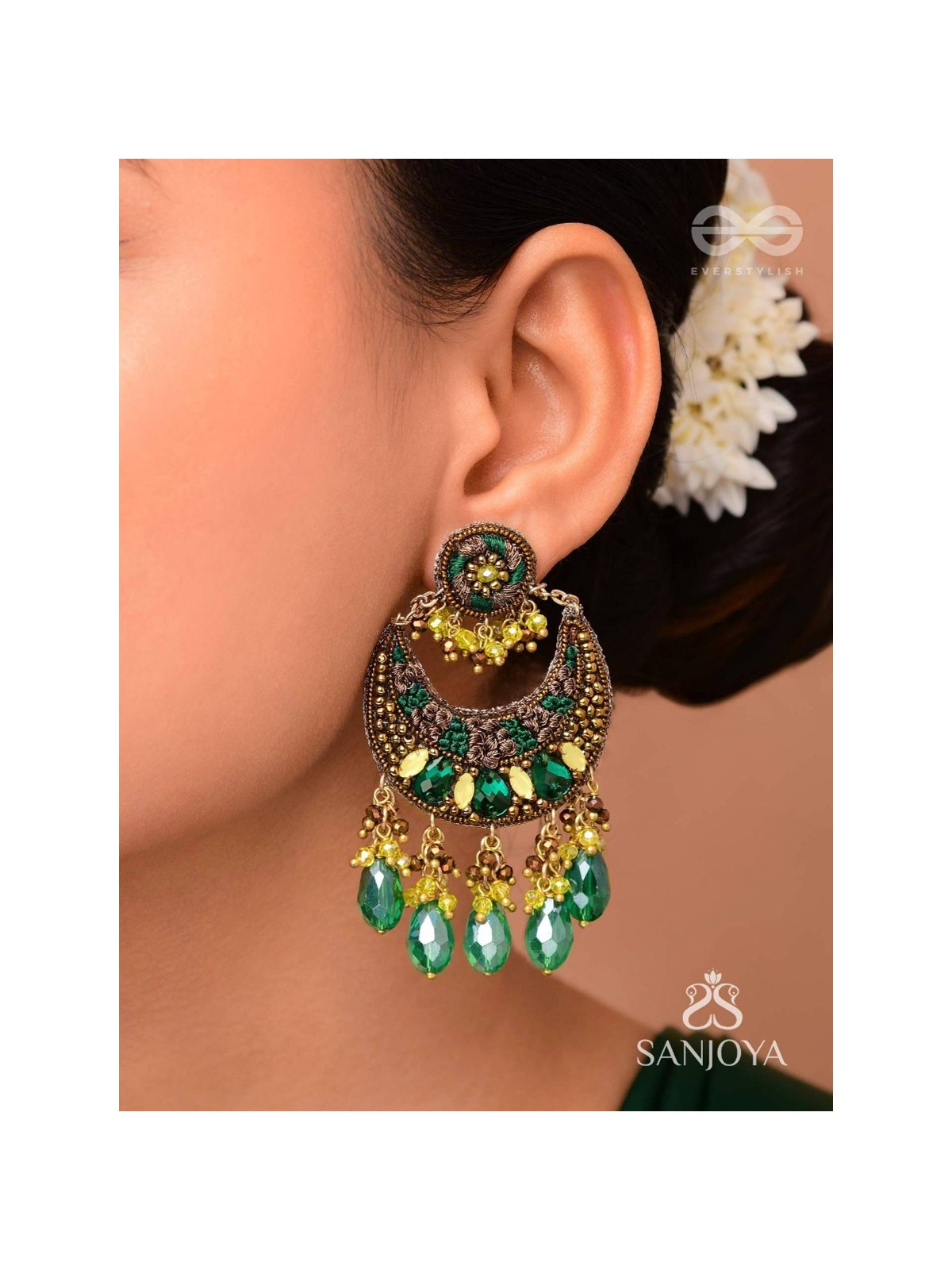 Sajivika - The Lively Dreamdrops - Beads And Glass Drops Hand Embroidered Earrings (Green & Golden)