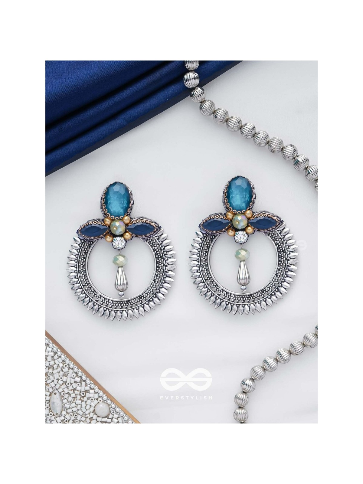 Manidhama - The Gem Abode - Stones And Beads Hand Embroidered Oxidised Earrings