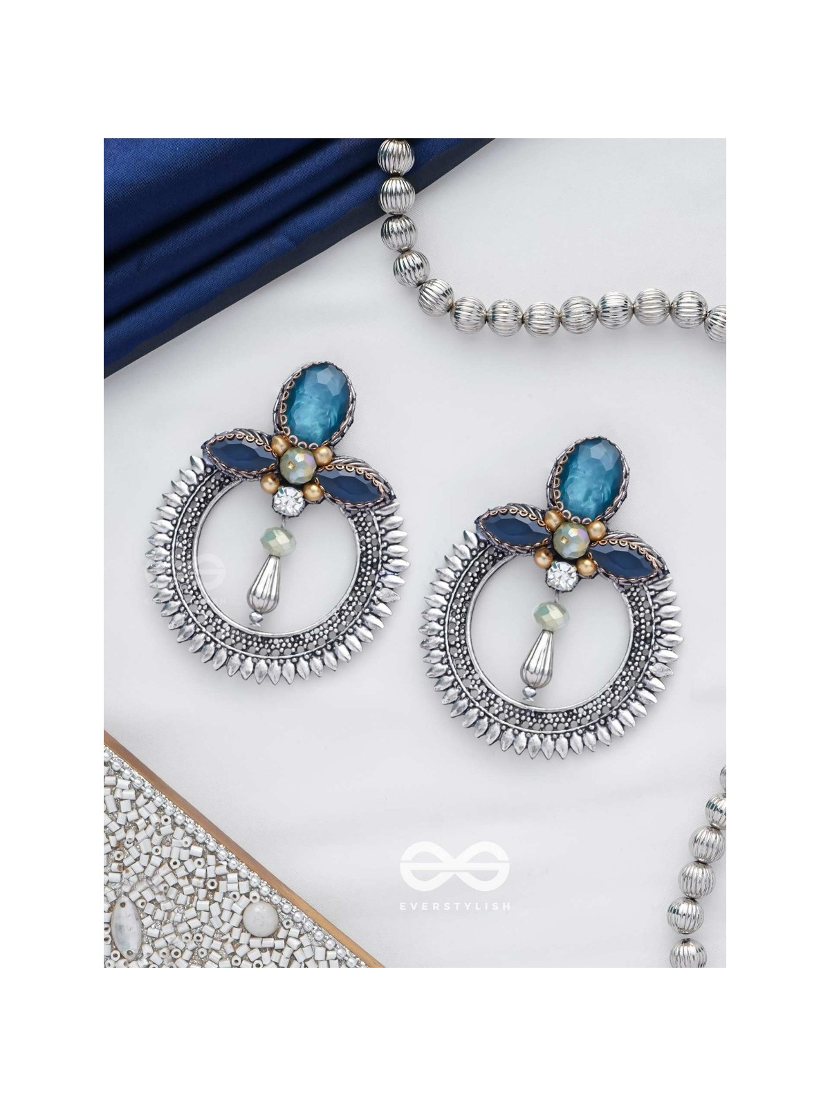 Manidhama - The Gem Abode - Stones And Beads Hand Embroidered Oxidised Earrings