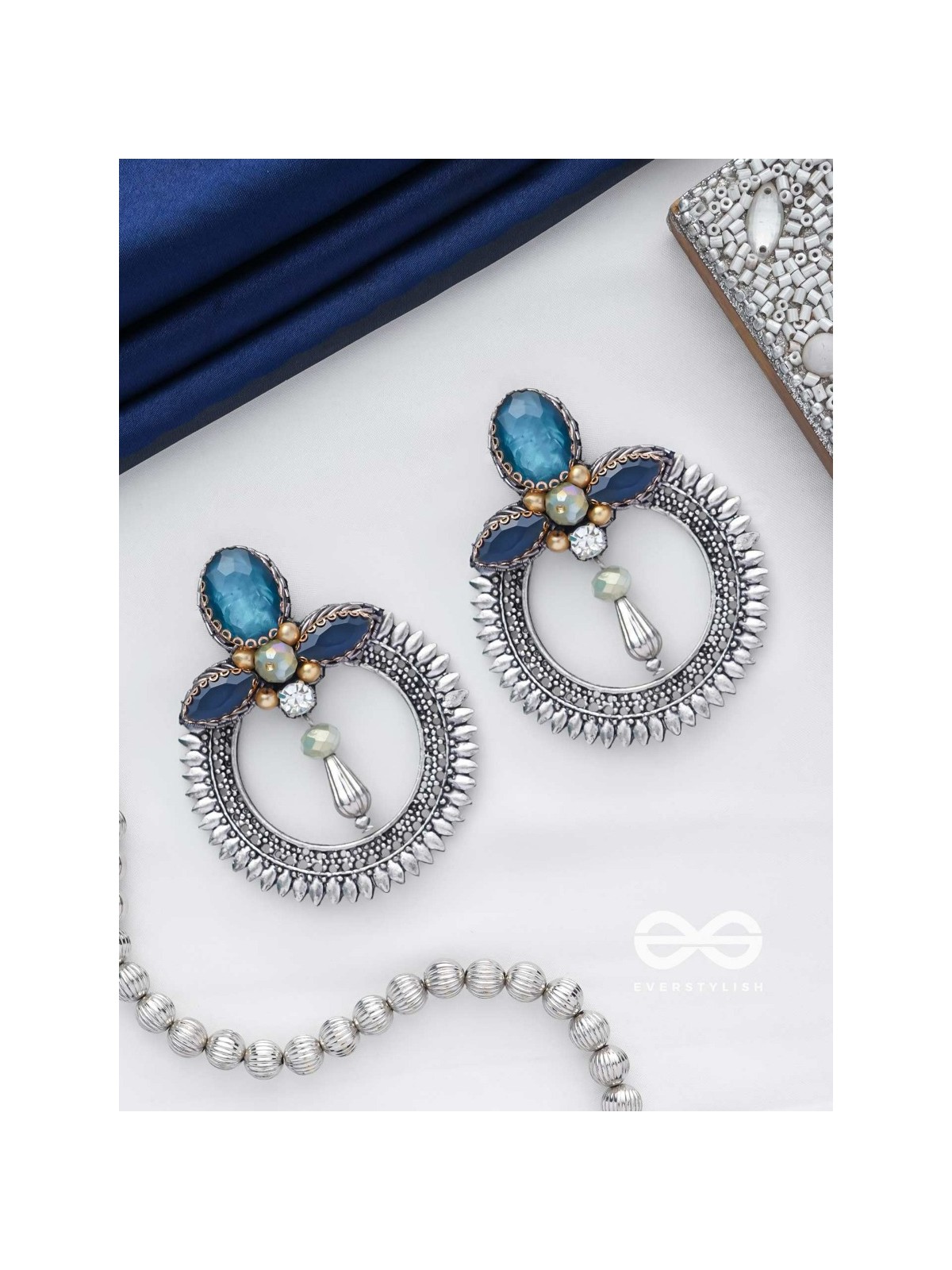 Manidhama - The Gem Abode - Stones And Beads Hand Embroidered Oxidised Earrings