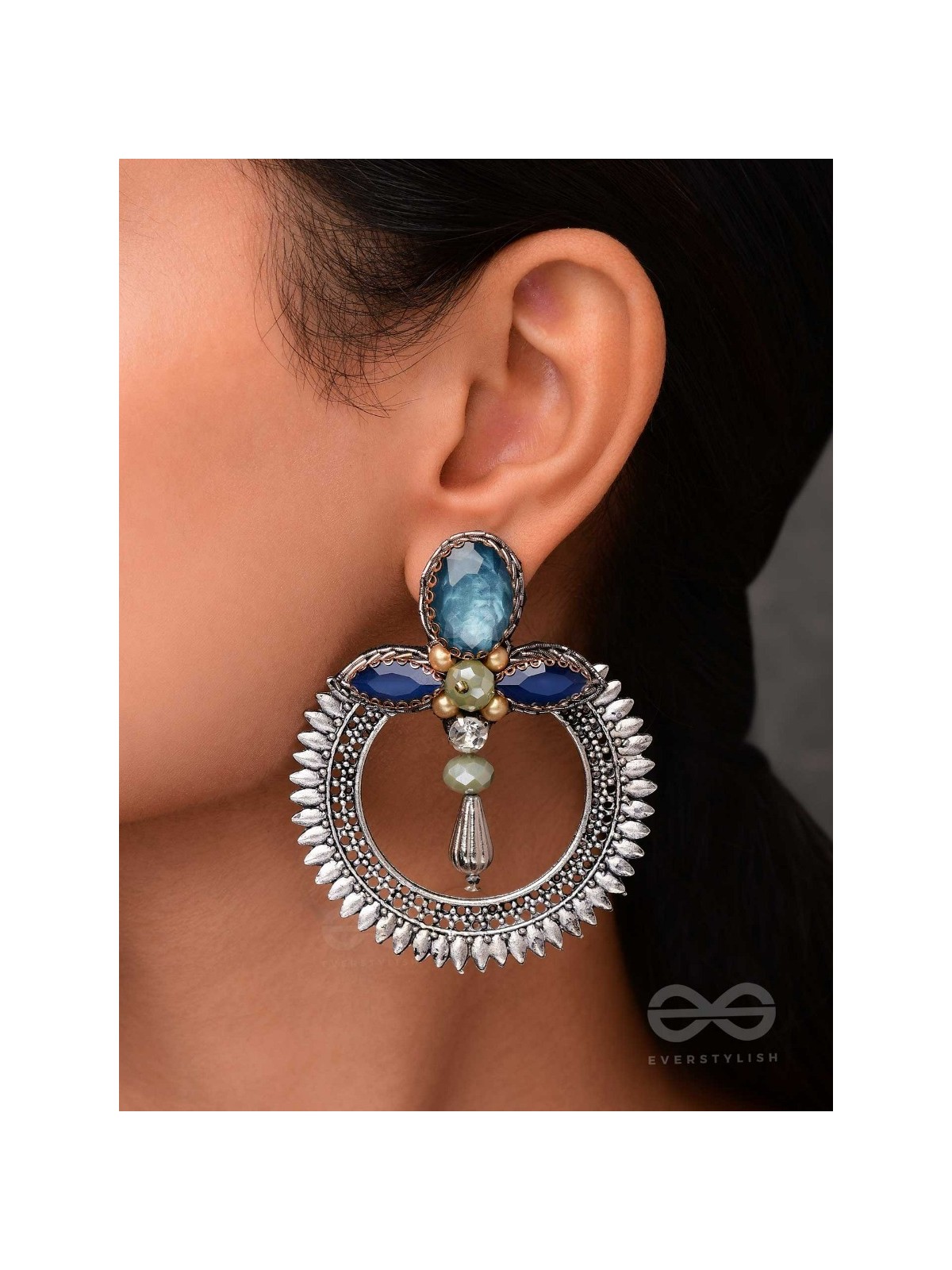 Manidhama - The Gem Abode - Stones And Beads Hand Embroidered Oxidised Earrings