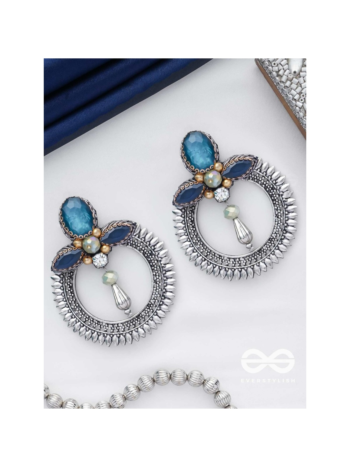 Manidhama - The Gem Abode - Stones And Beads Hand Embroidered Oxidised Earrings