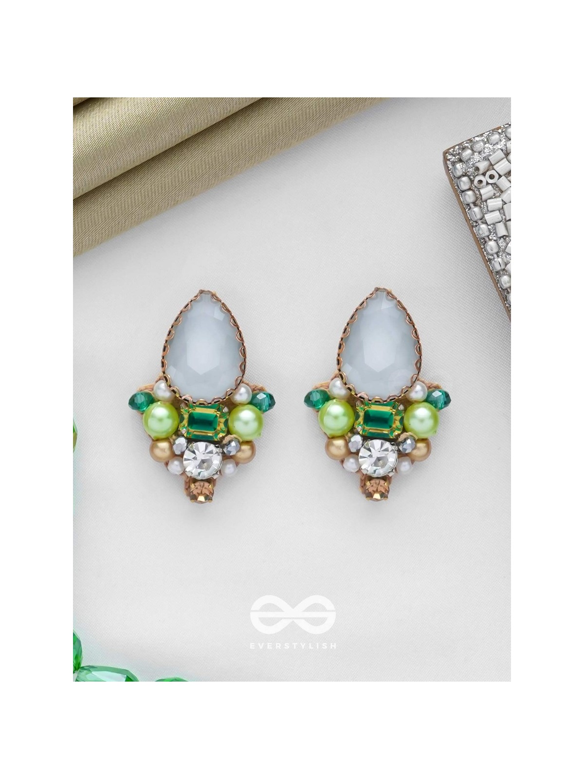 AVADANI - SOFT SILVER HUSH - STONES, BEADS AND PEARLS EMBROIDERED EARRINGS