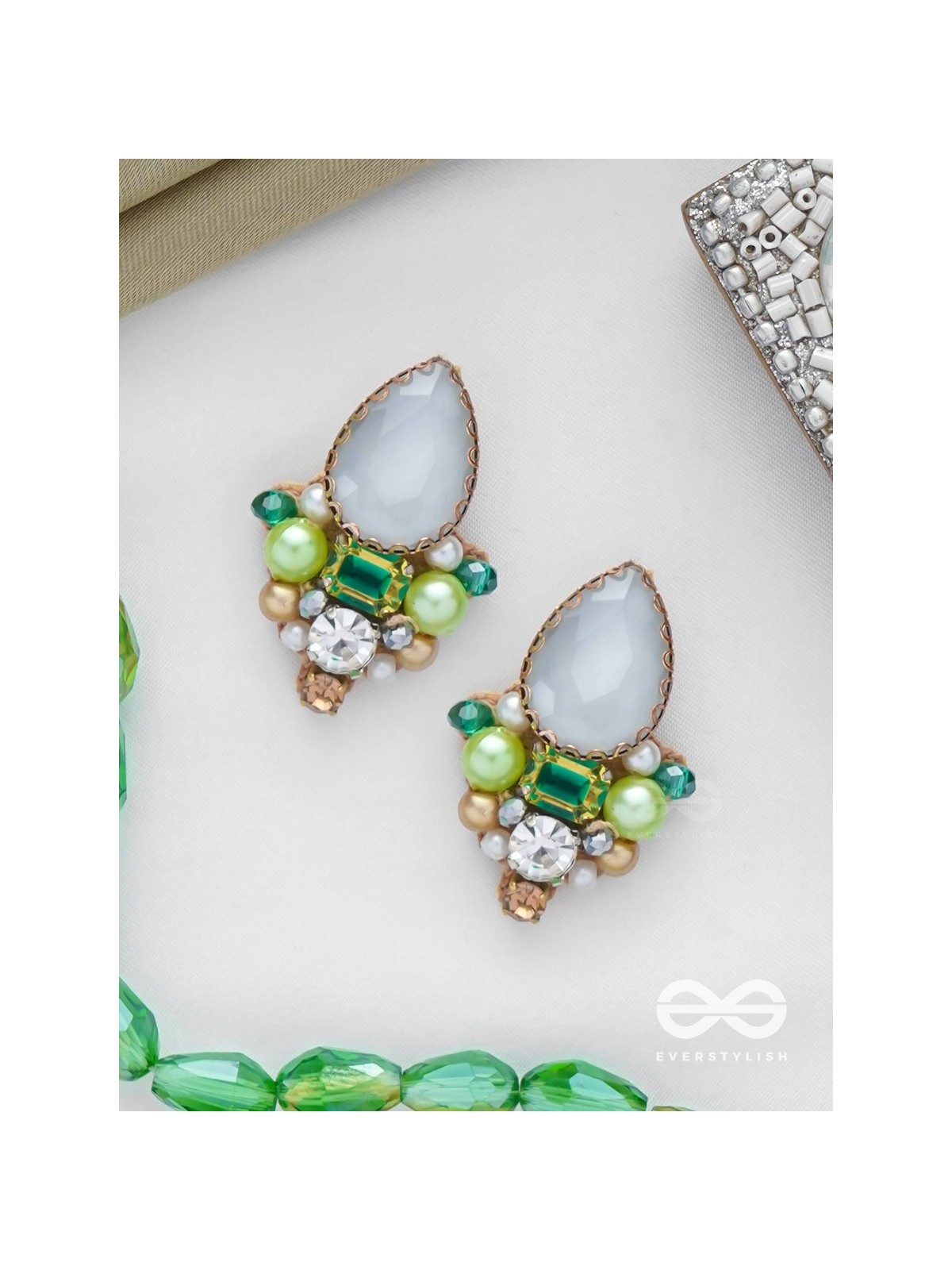 AVADANI - SOFT SILVER HUSH - STONES, BEADS AND PEARLS EMBROIDERED EARRINGS