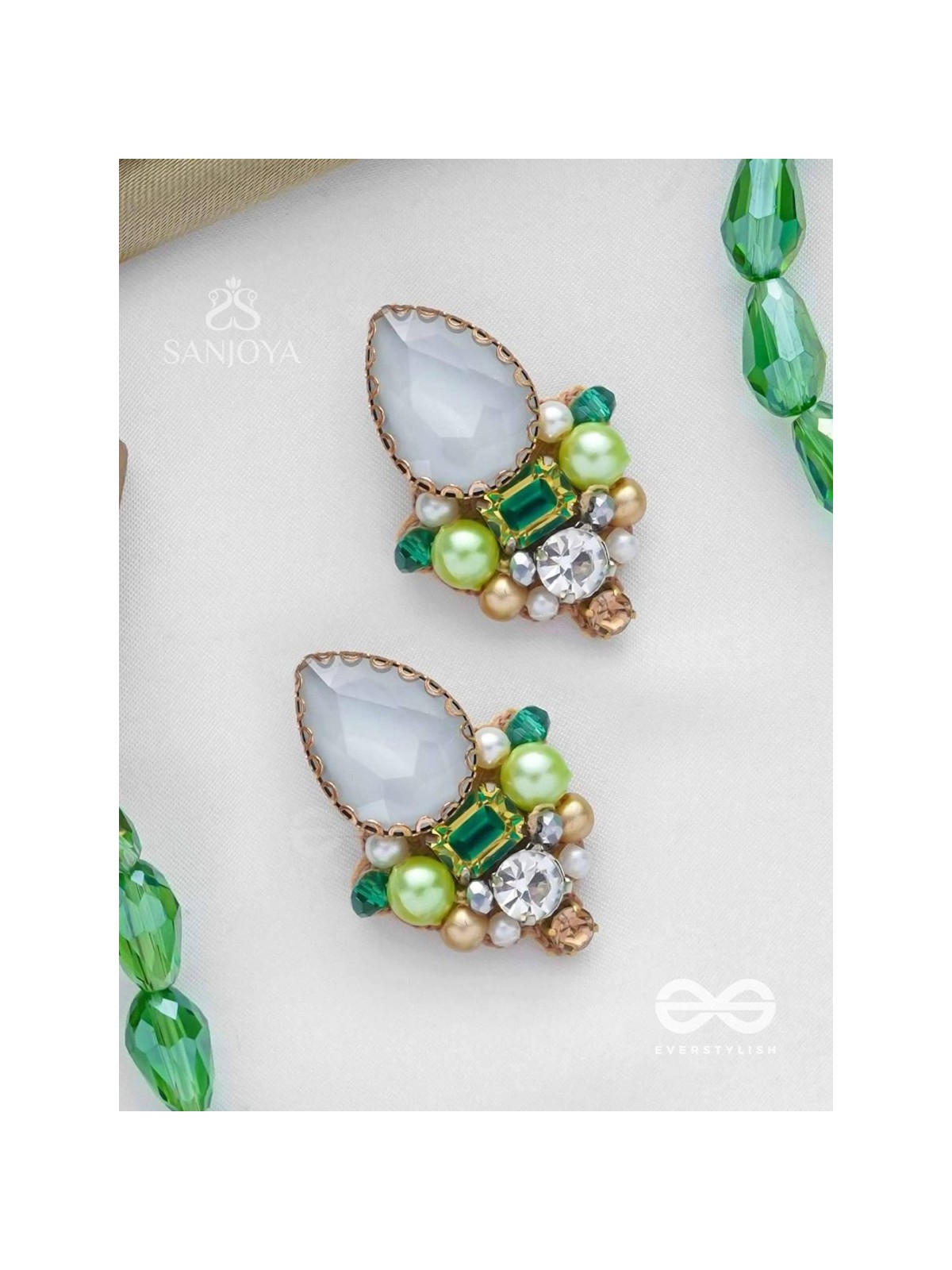 AVADANI - SOFT SILVER HUSH - STONES, BEADS AND PEARLS EMBROIDERED EARRINGS