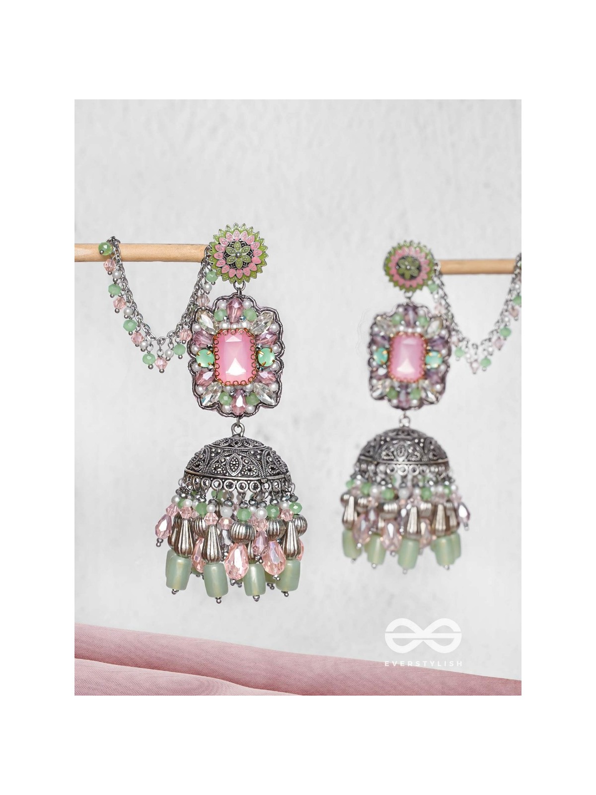 Abhivars - A Shower Of Blossom - Stone And Beads Oxidised And Hand Embroidered Jhumka Earrings