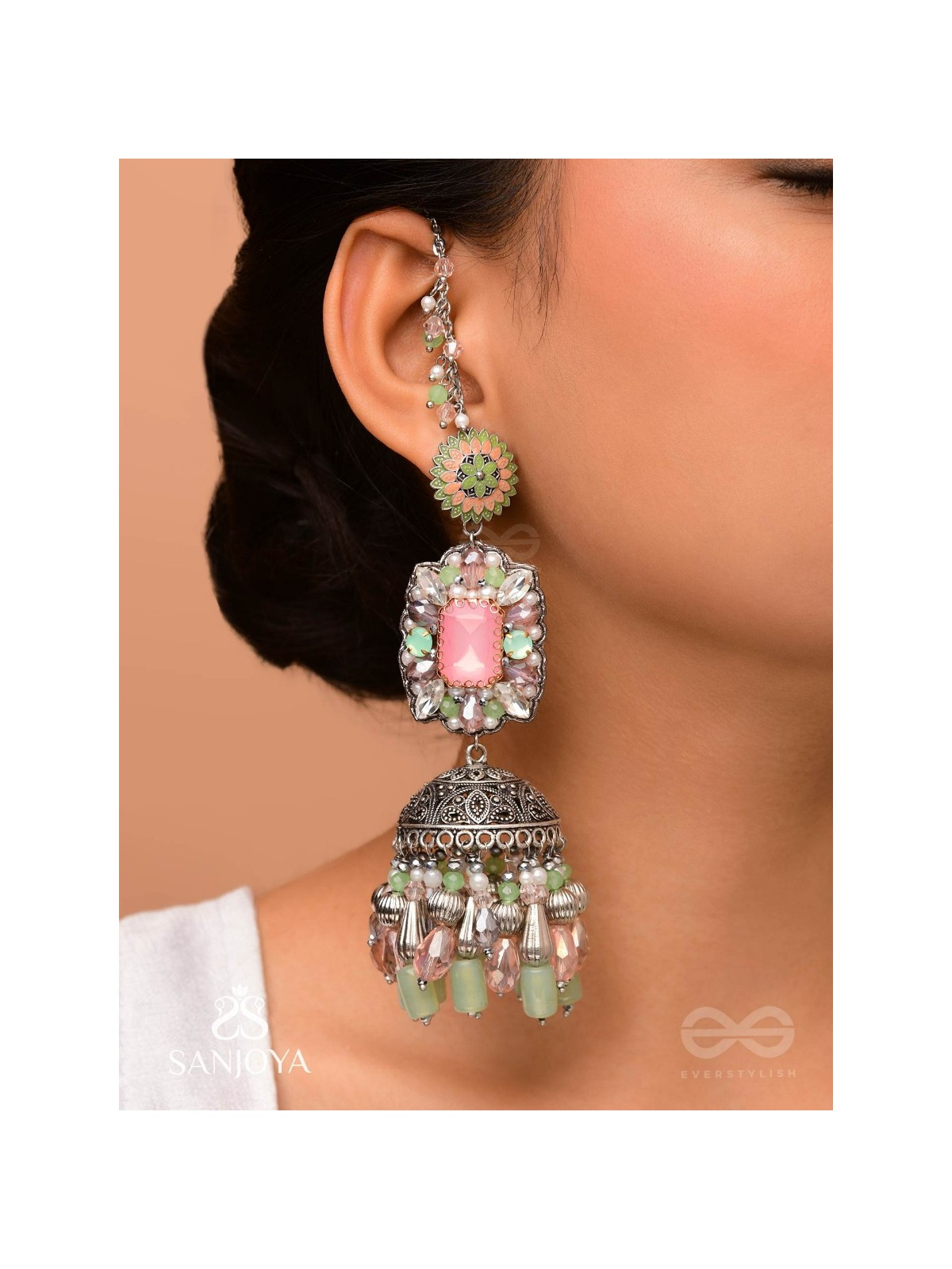 Abhivars - A Shower Of Blossom - Stone And Beads Oxidised And Hand Embroidered Jhumka Earrings