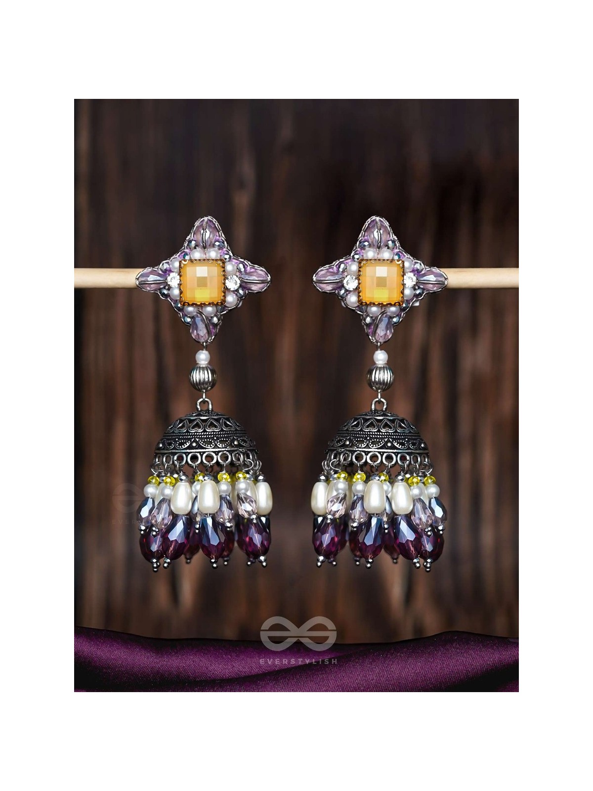 Vasatya - Gradient Of Dusk - Stone And Beads Hand Embroidered And Oxidised Jhumka Earrings
