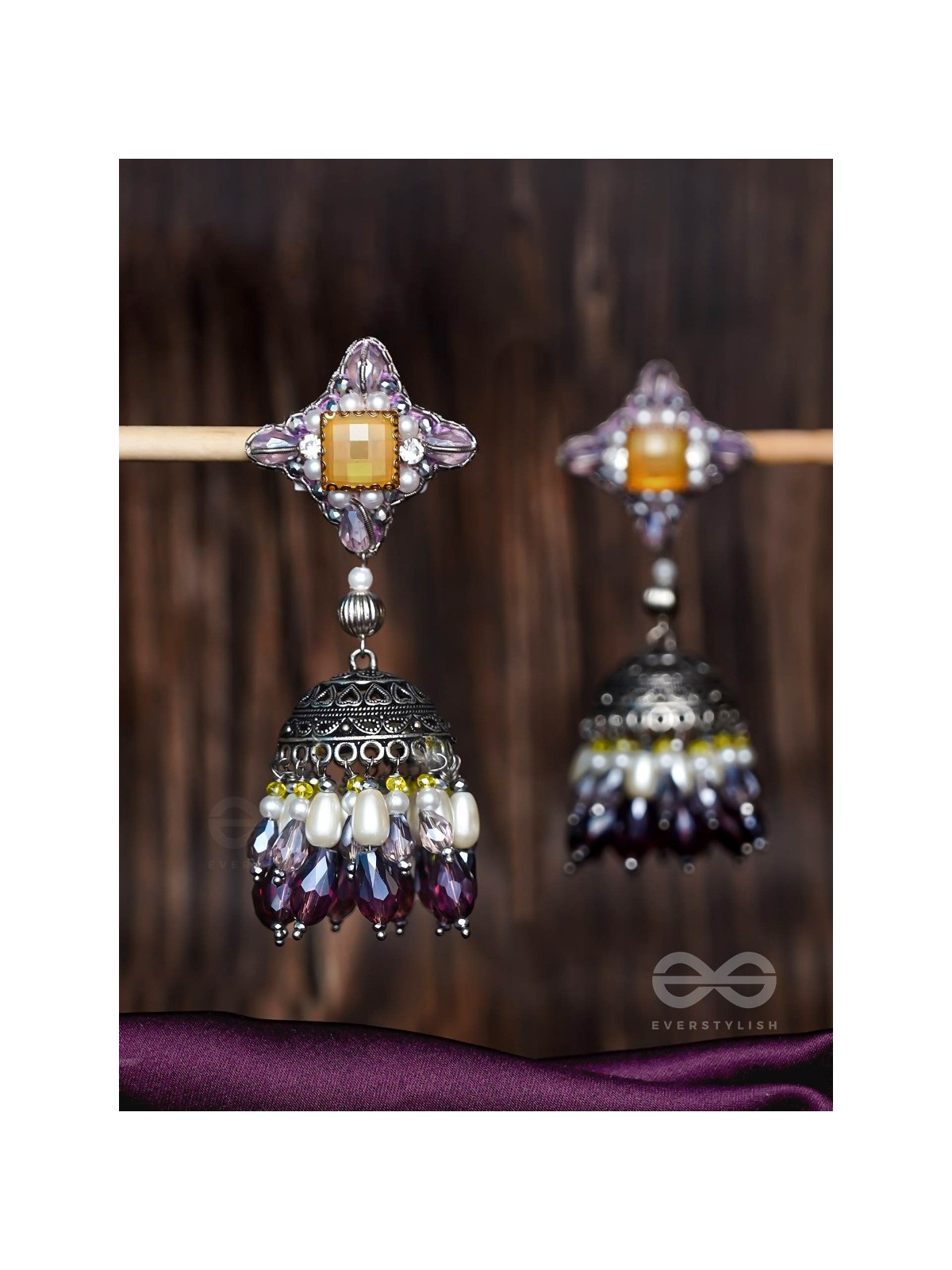 Vasatya - Gradient Of Dusk - Stone And Beads Hand Embroidered And Oxidised Jhumka Earrings