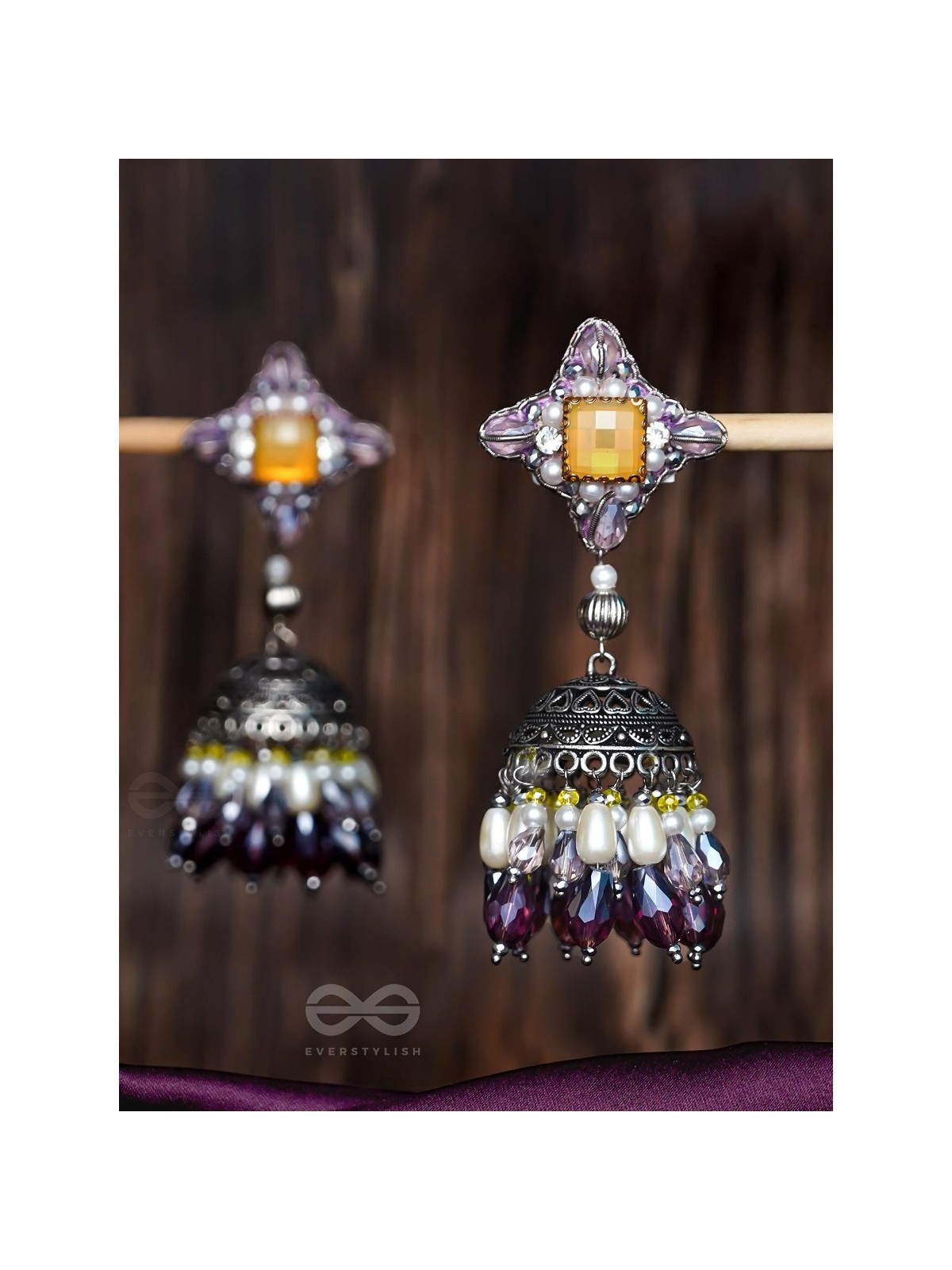 Vasatya - Gradient Of Dusk - Stone And Beads Hand Embroidered And Oxidised Jhumka Earrings