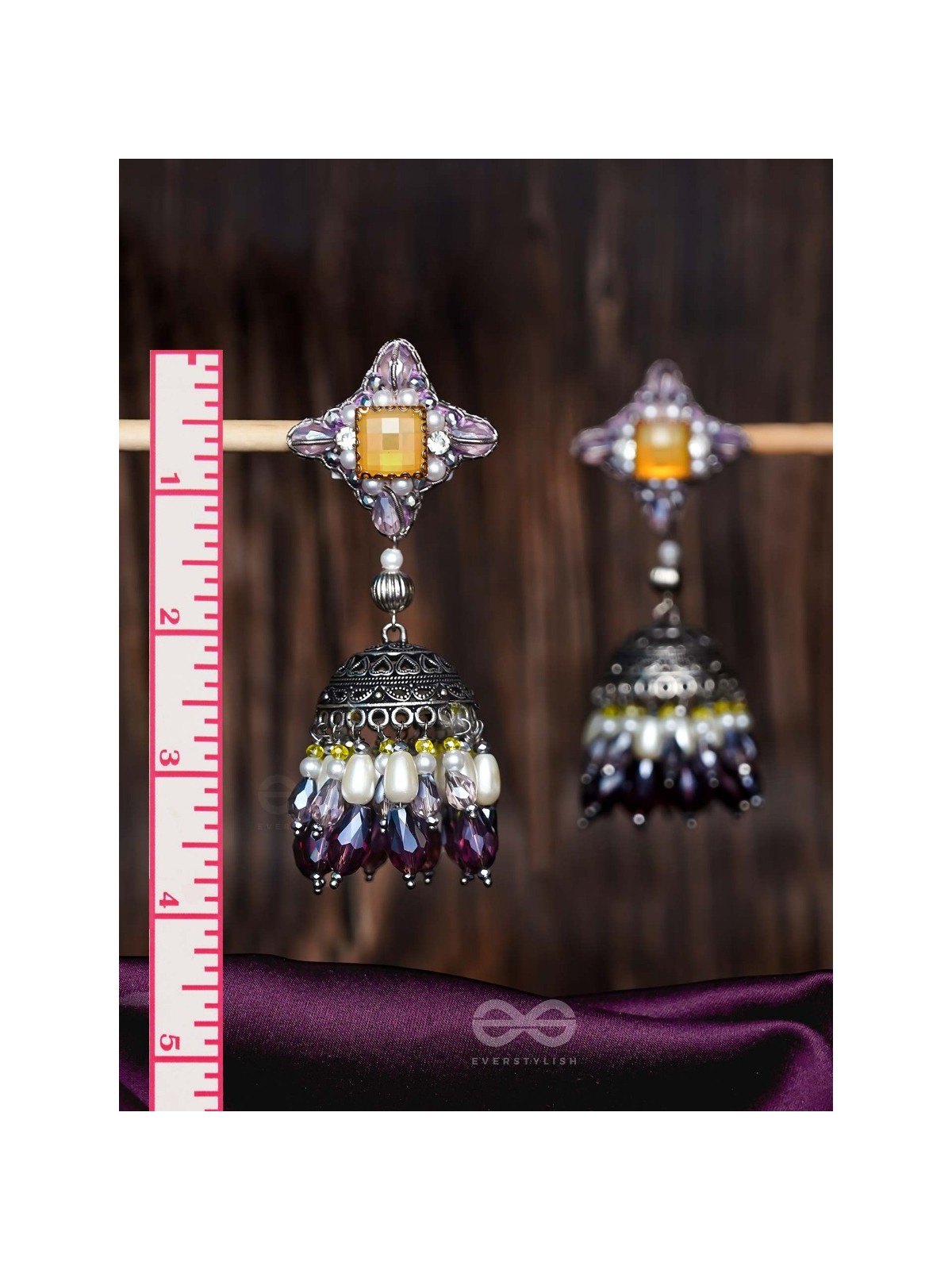 Vasatya - Gradient Of Dusk - Stone And Beads Hand Embroidered And Oxidised Jhumka Earrings