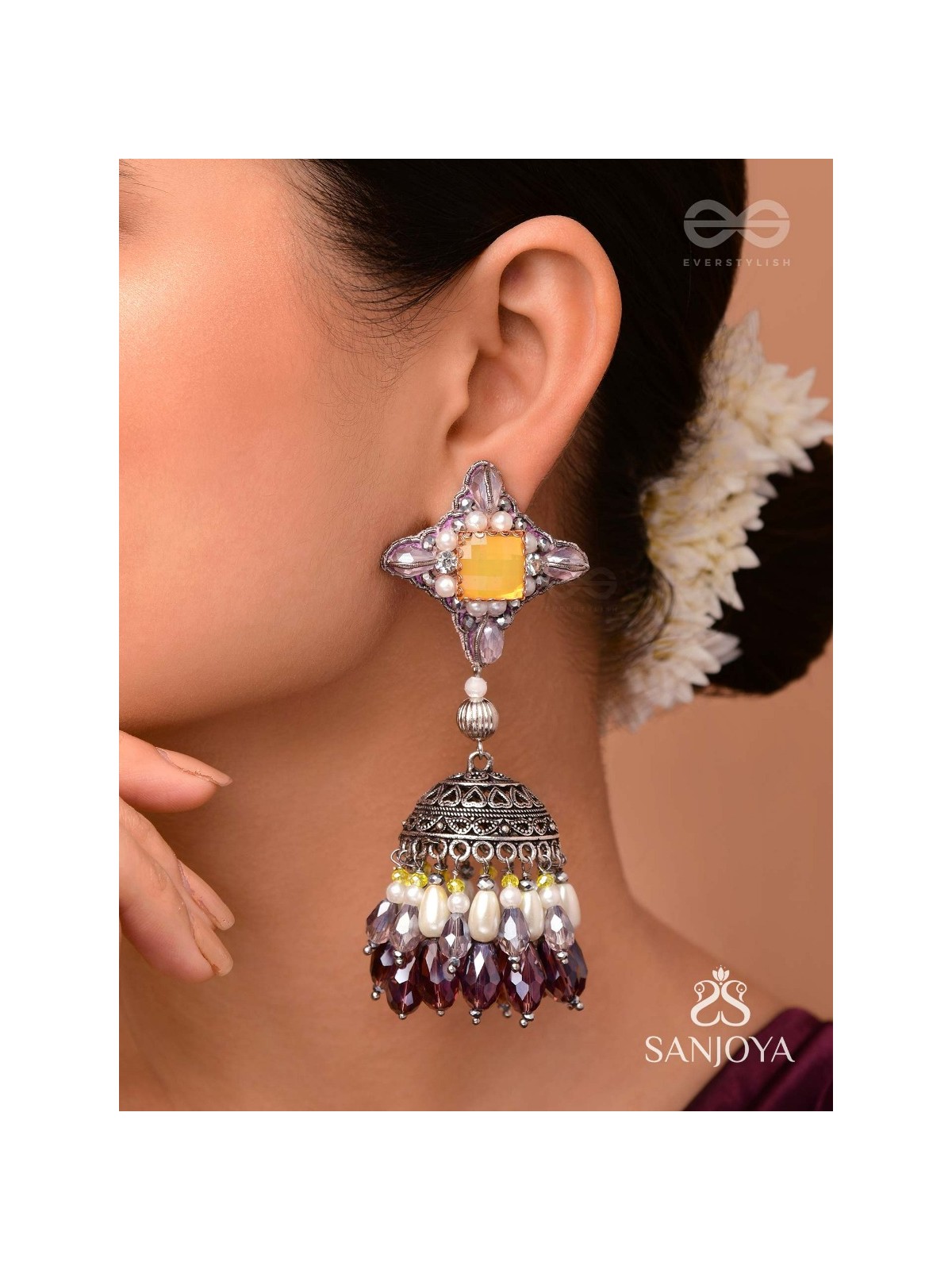Vasatya - Gradient Of Dusk - Stone And Beads Hand Embroidered And Oxidised Jhumka Earrings